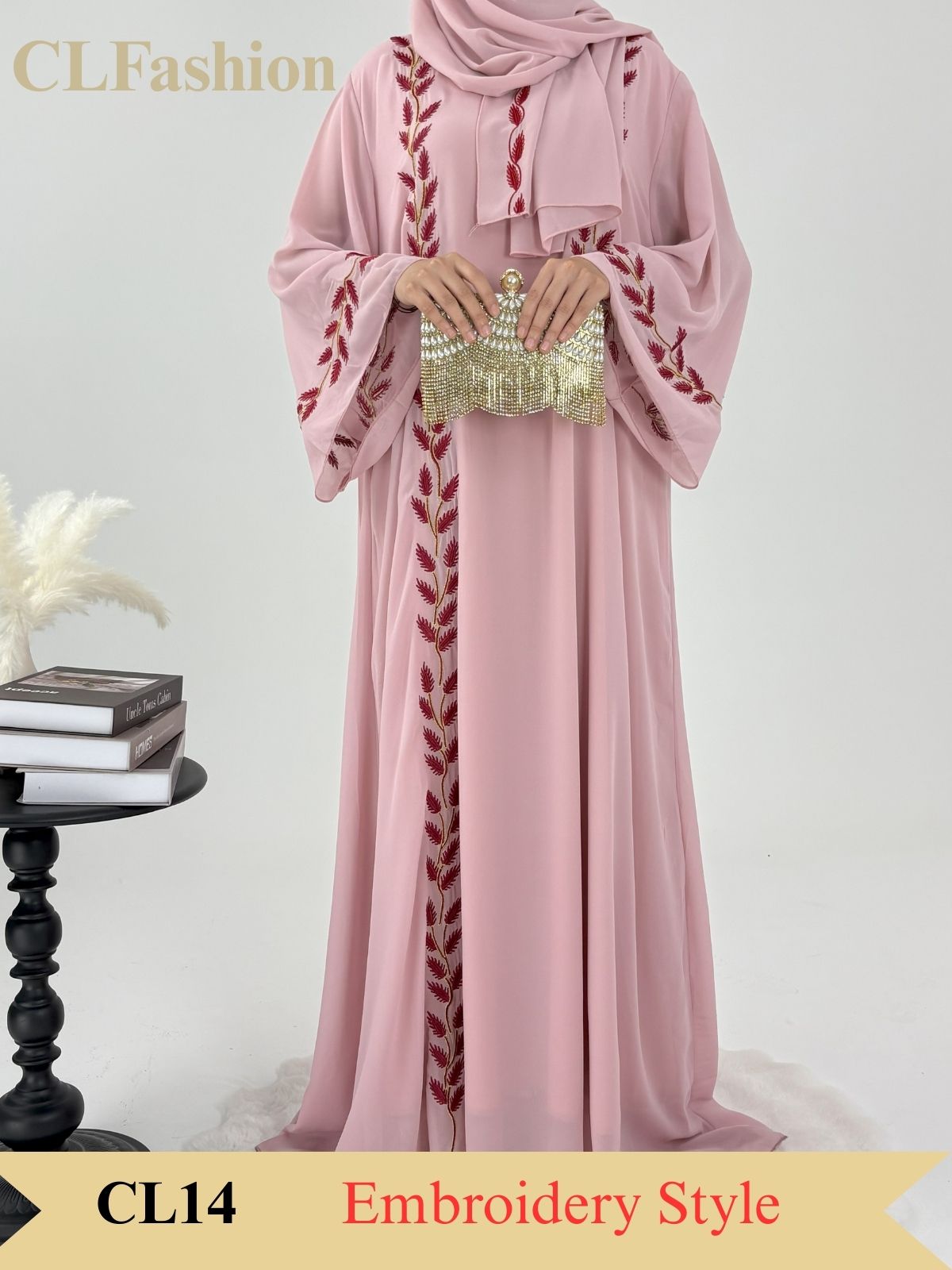 #CL14 Luxury Hand-Embroidered Leaf Abaya Set | 2-Piece Chiffon Hijab Dress in 4 Colors (S-2XL)
