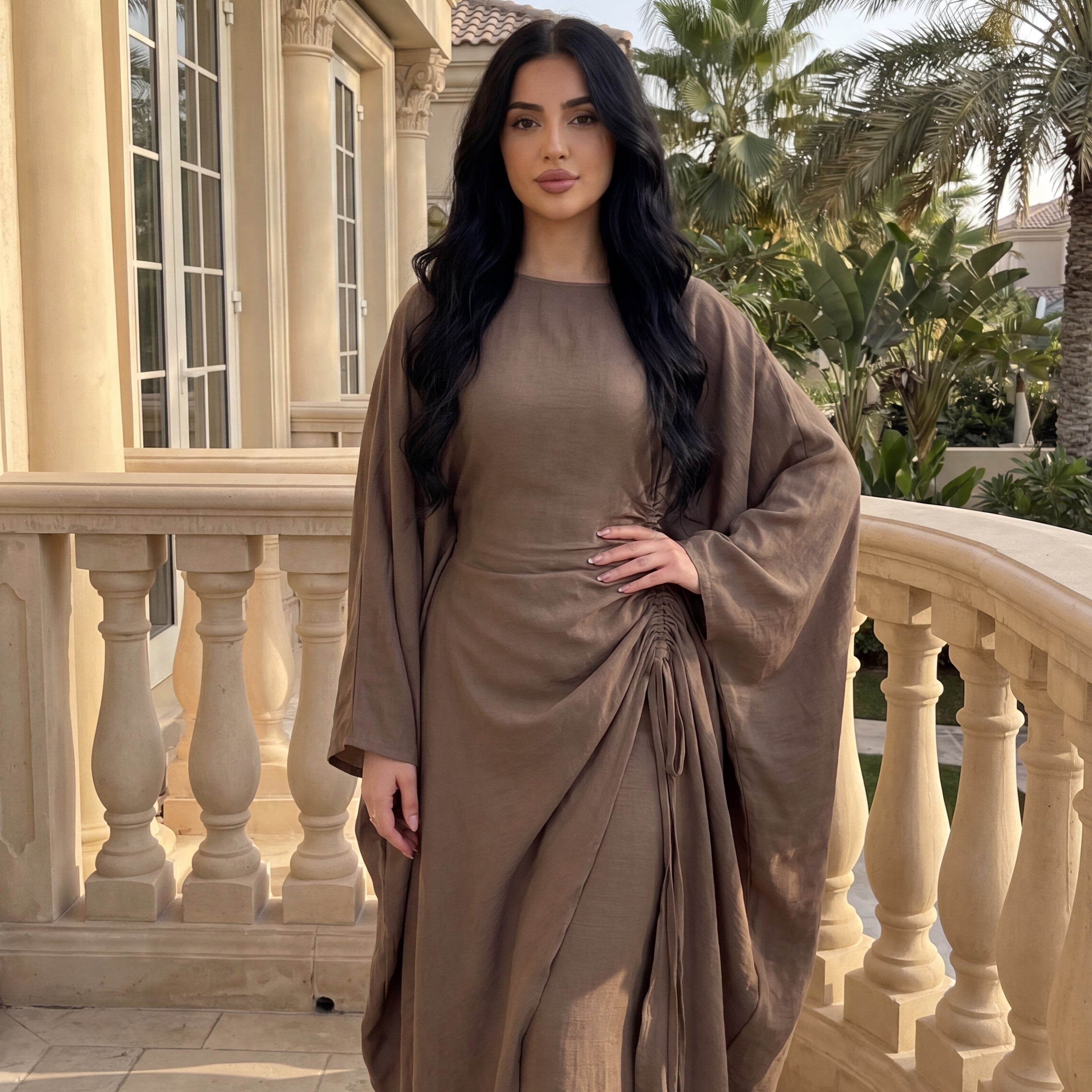 CL76 Elegantes Kaftan-Hosen-Kleid-Set für Damen, Luxuriöses, locker sitzendes Oberteil mit Fledermausärmeln und weitem Bein, modisches Outfit, integrierter verstellbarer Taillengürtel