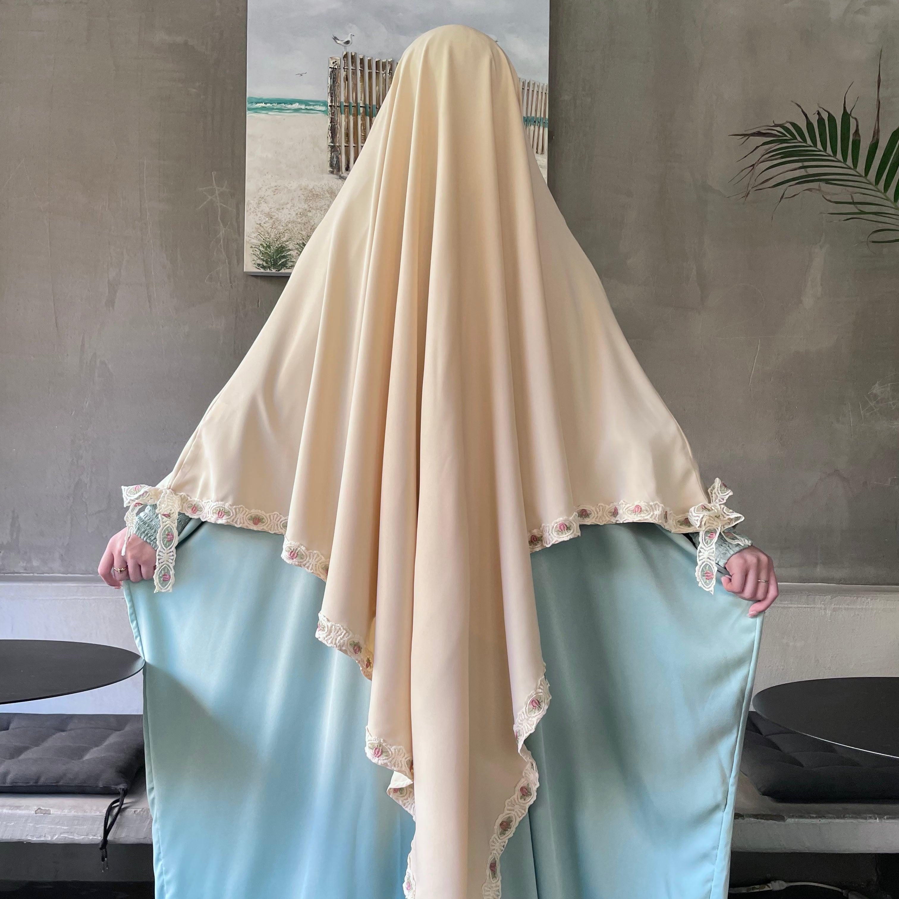 #CL19 Floral-Hem Nida Khimar ✦ Breathable Muslim Head Scarf with Subtle Tailoring