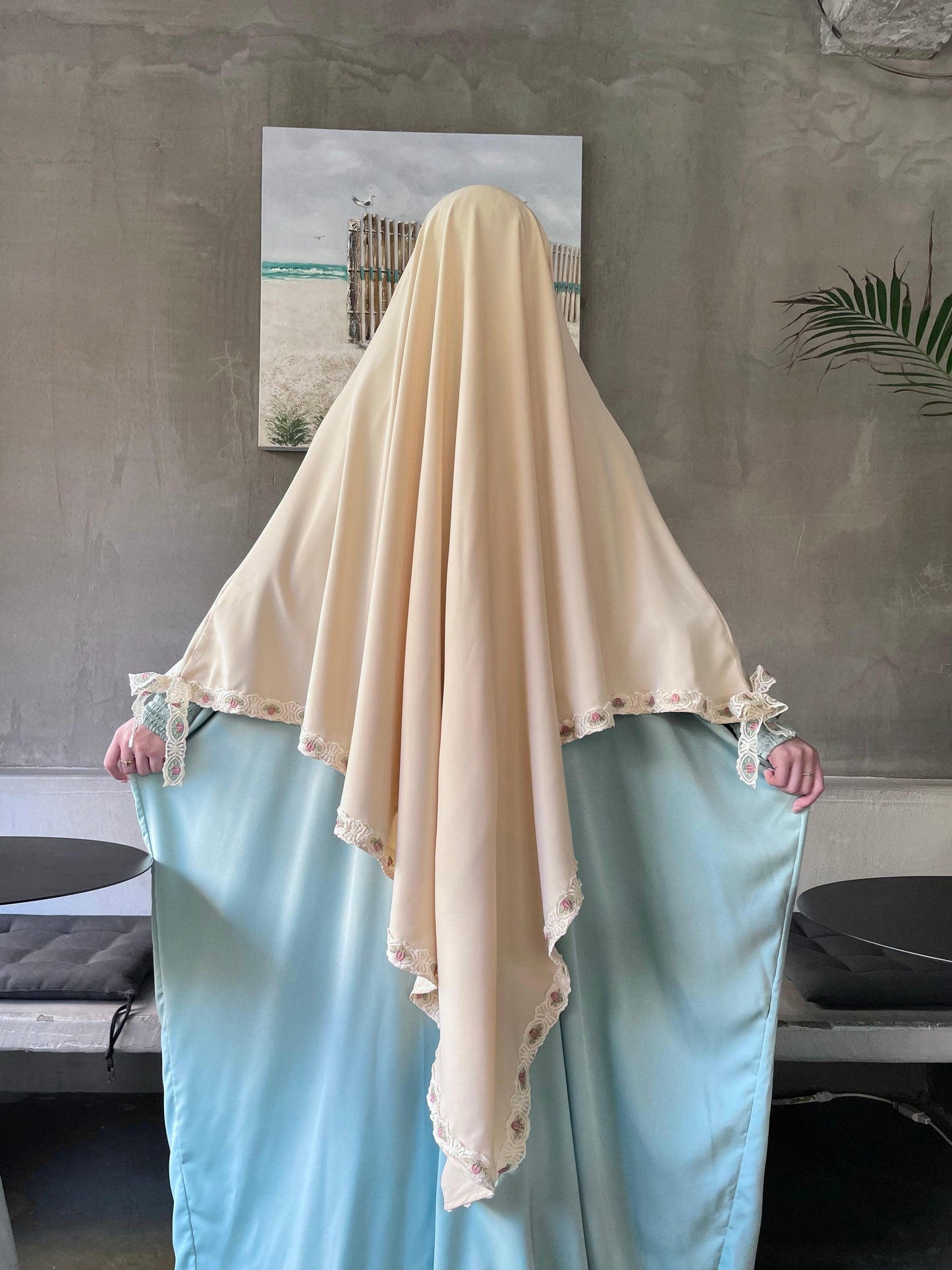 #CL26 Floral-Hem Nida Khimar ✦ Breathable Muslim Head Scarf with Subtle Tailoring