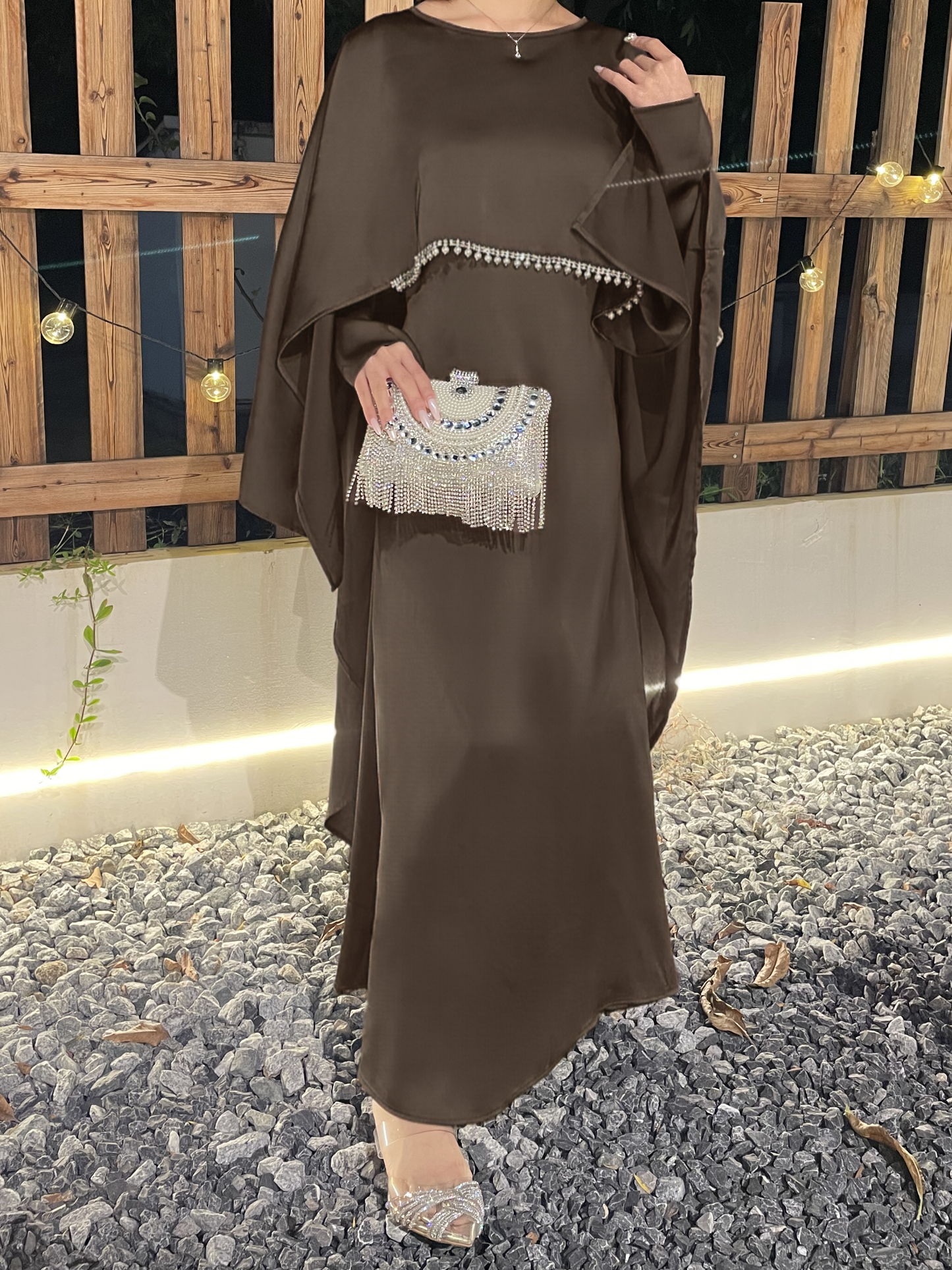 #CL43 Pearl & Crystal Butterfly Abaya ✦ Satin Cape Dress for Weddings & Evening Galas