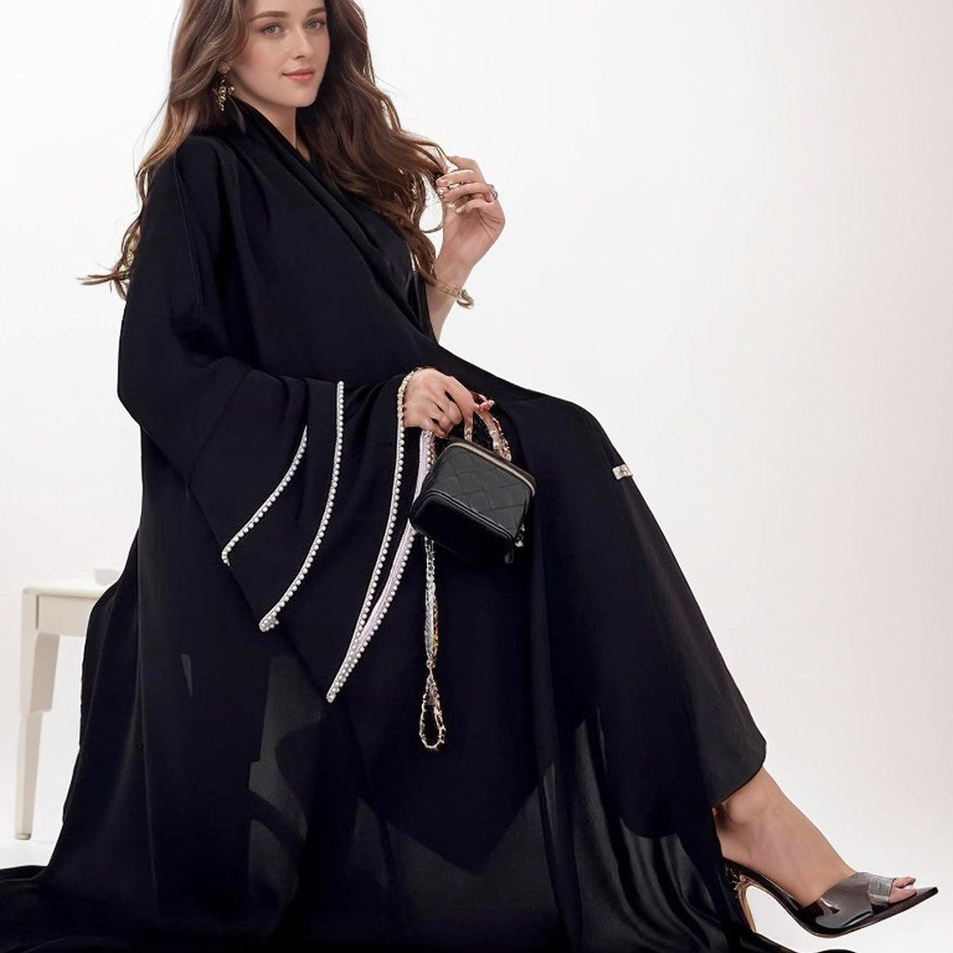 #CL11  Luxury Pearl-Sleeve Abaya ✦ Handcrafted Muslim Dress for Weddings & Eid Celebrations