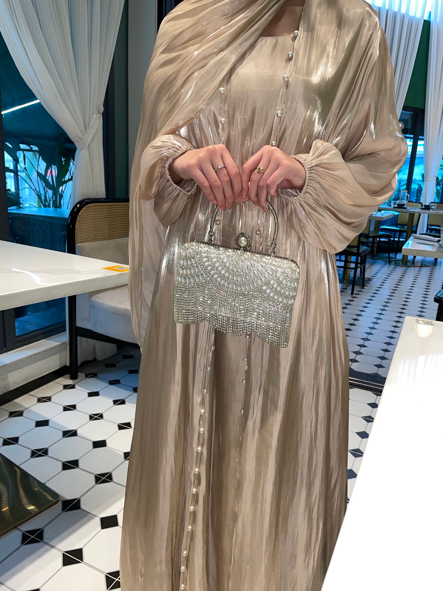 #CL03 Luxury 5-Piece Silk Abaya Set | Pearl-Embellished Belt & Kaftan Dress for Weddings & Evening Galas