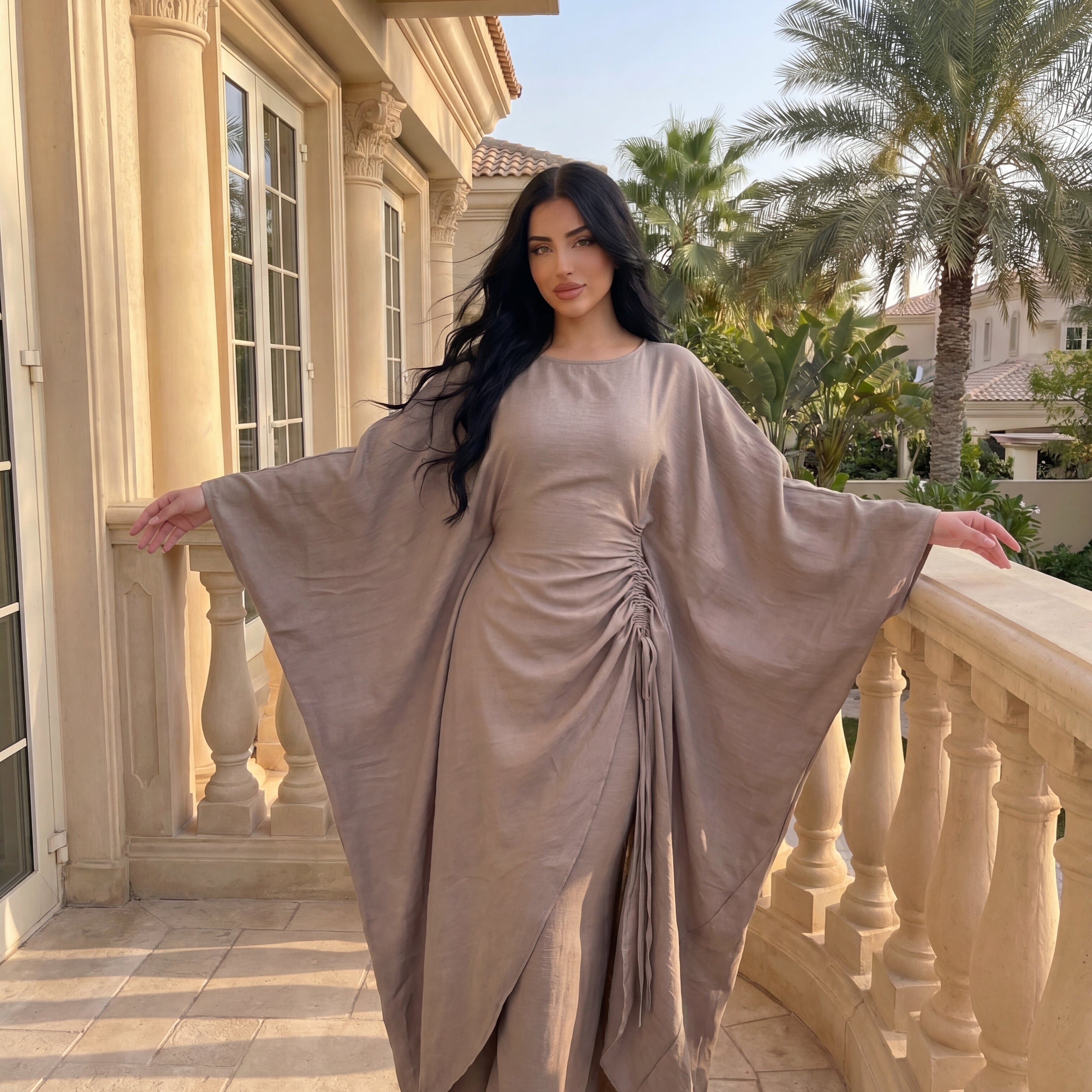 CL76 Elegantes Kaftan-Hosen-Kleid-Set für Damen, Luxuriöses, locker sitzendes Oberteil mit Fledermausärmeln und weitem Bein, modisches Outfit, integrierter verstellbarer Taillengürtel