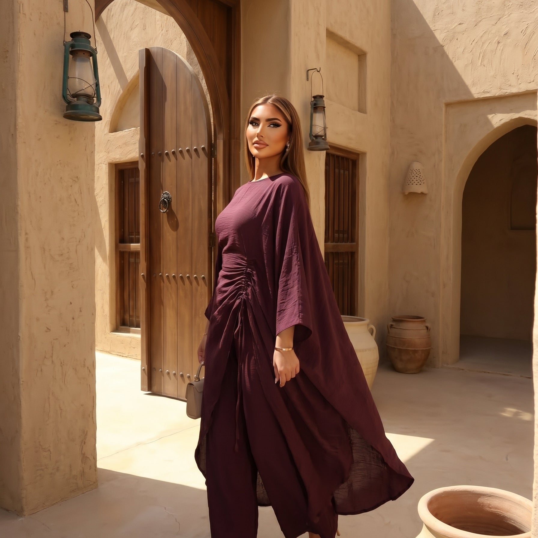 CL76 Elegantes Kaftan-Hosen-Kleid-Set für Damen, Luxuriöses, locker sitzendes Oberteil mit Fledermausärmeln und weitem Bein, modisches Outfit, integrierter verstellbarer Taillengürtel