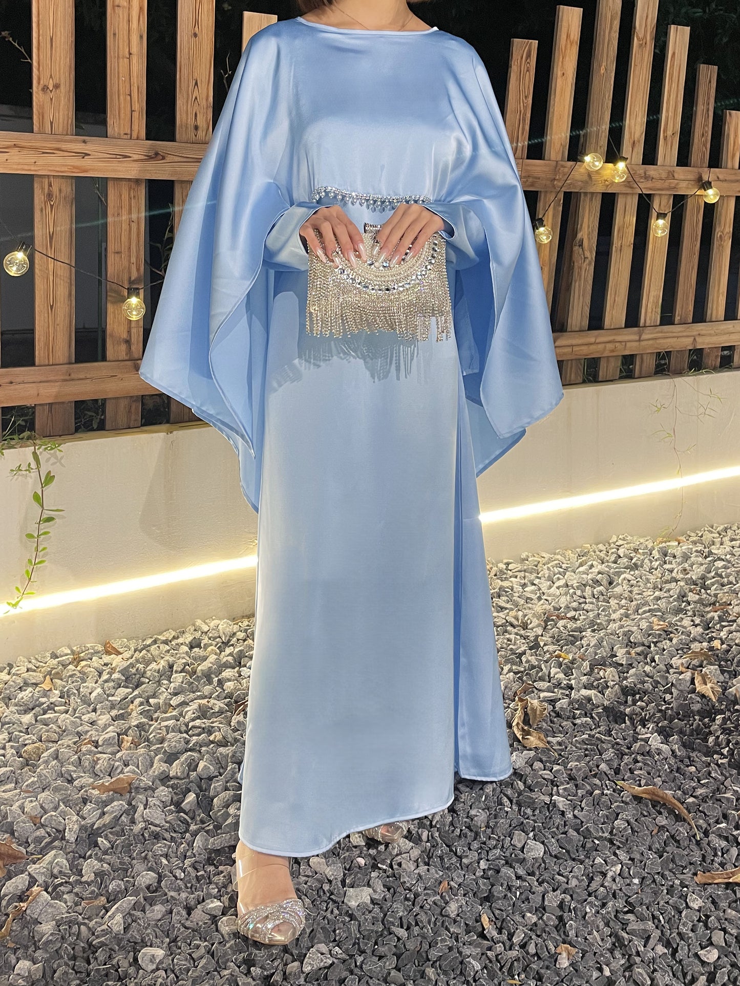 #CL43 Pearl & Crystal Butterfly Abaya ✦ Satin Cape Dress for Weddings & Evening Galas