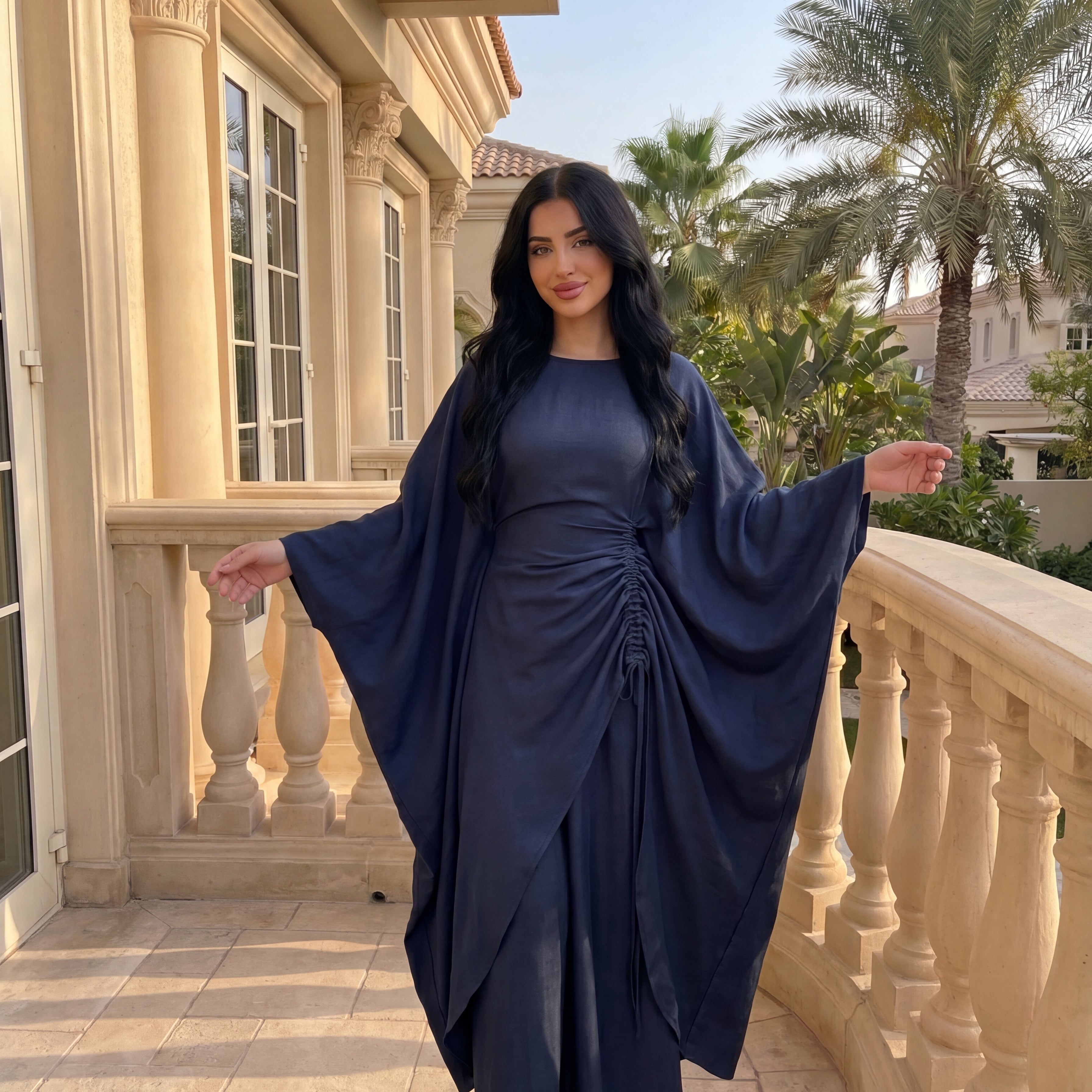 CL76 Elegantes Kaftan-Hosen-Kleid-Set für Damen, Luxuriöses, locker sitzendes Oberteil mit Fledermausärmeln und weitem Bein, modisches Outfit, integrierter verstellbarer Taillengürtel