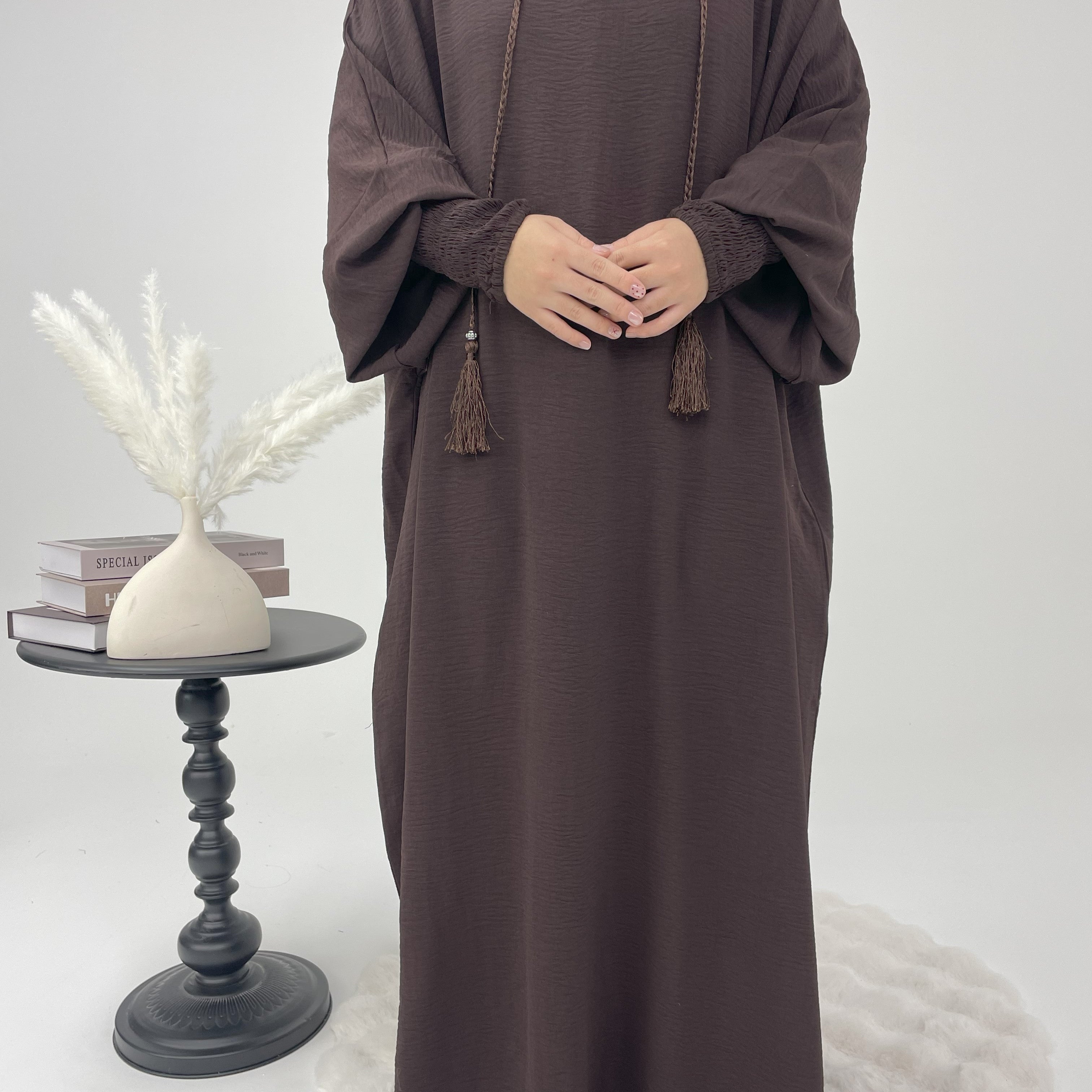 #CL52 Schlichtes Kapuzen-Abaya-Kleid | Legeres Maxi mit Kordelzug und gesmokten Bündchen ✦ CLFashionNew