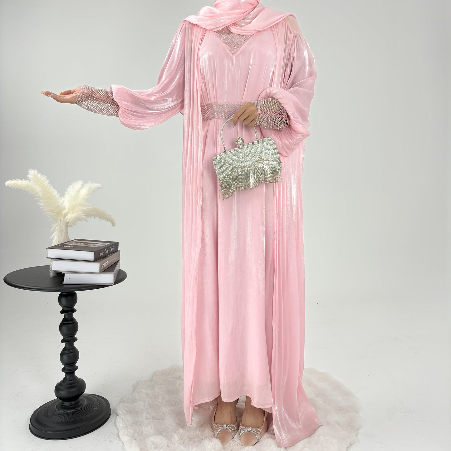#CL04 Luxury 4-Piece Abaya Set | Shiny Mesh Chiffon Kaftan Dress with Scarf ✦ Modest Islamic Fashion