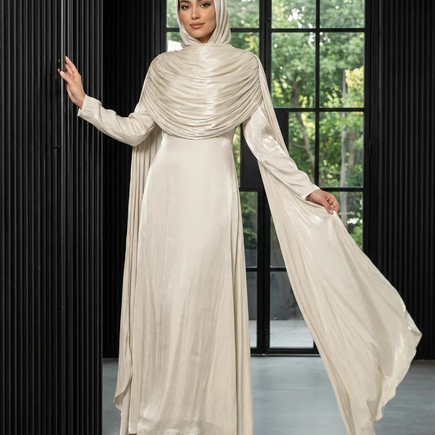 #CL74-Olive Grace Draped Abaya Set | Elegantes Chiffon Modest-Kleid mit Hijab