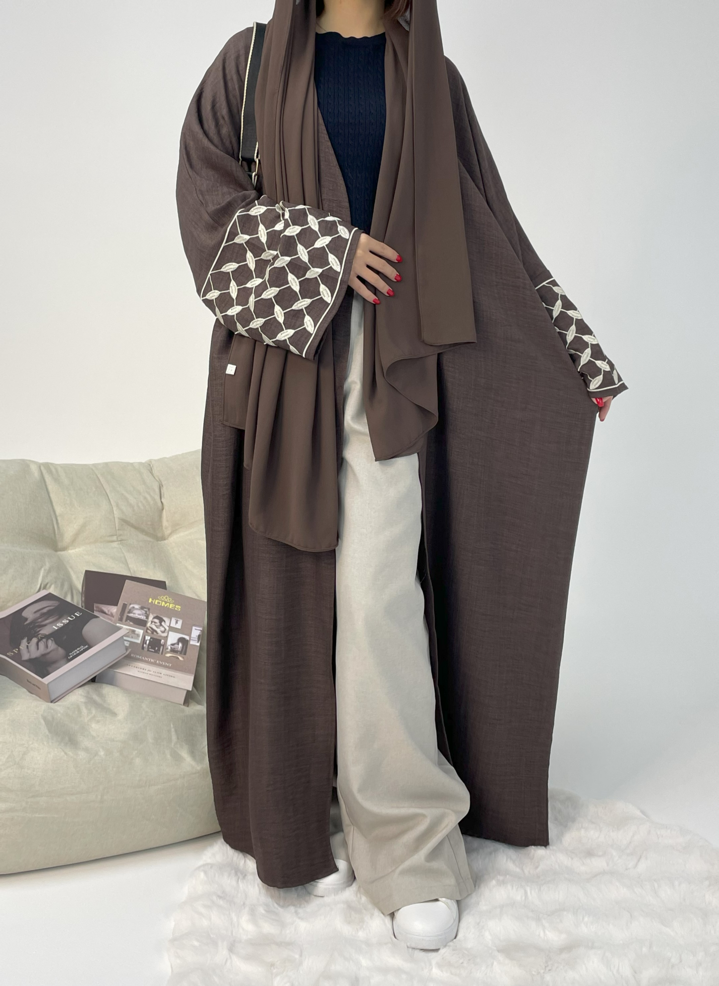 #CL47 Timeless V-Neck Abaya ✦ Embroidered Cuffs & Adjustable Belt for Multi-Occasion Modesty