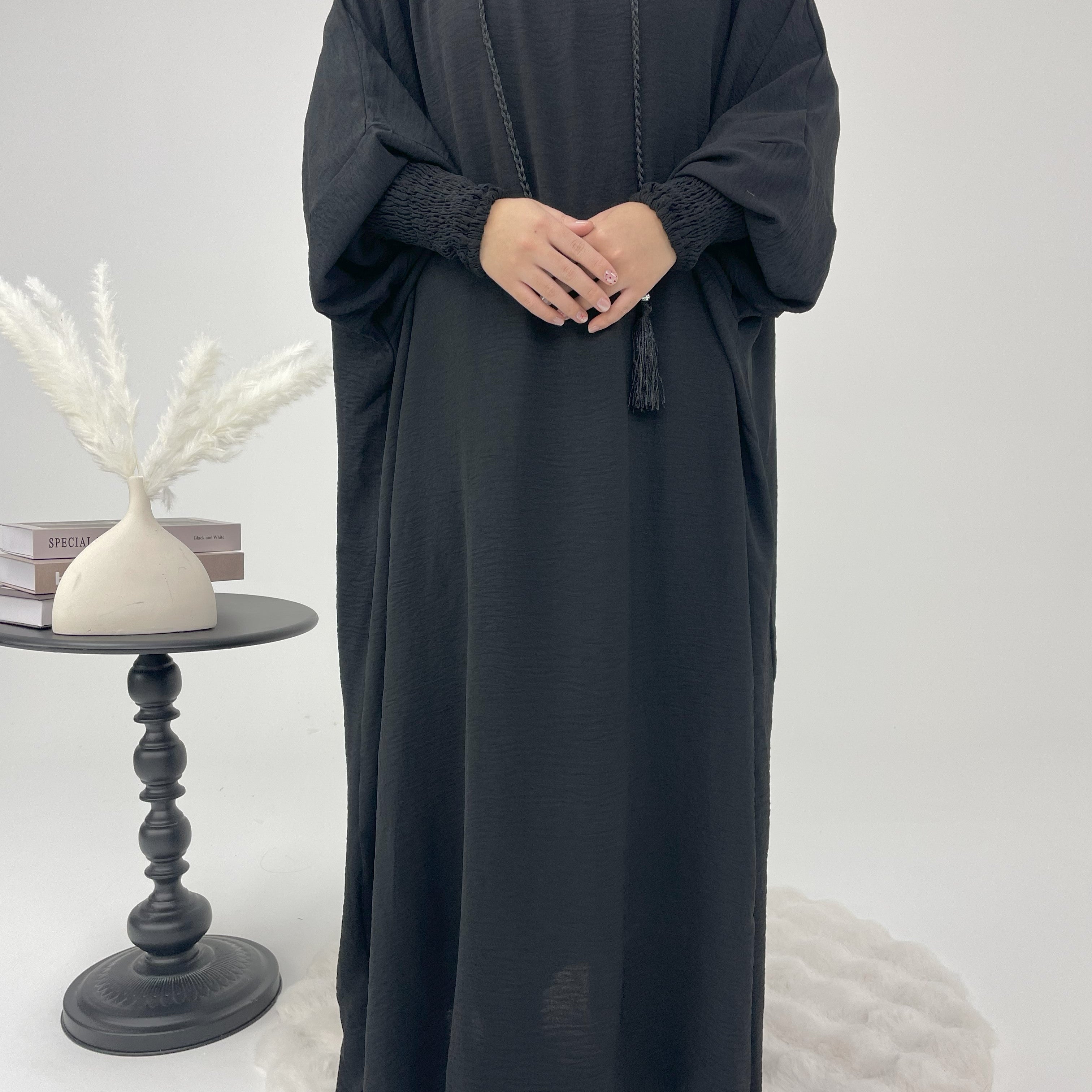 #CL52 Schlichtes Kapuzen-Abaya-Kleid | Legeres Maxi mit Kordelzug und gesmokten Bündchen ✦ CLFashionNew