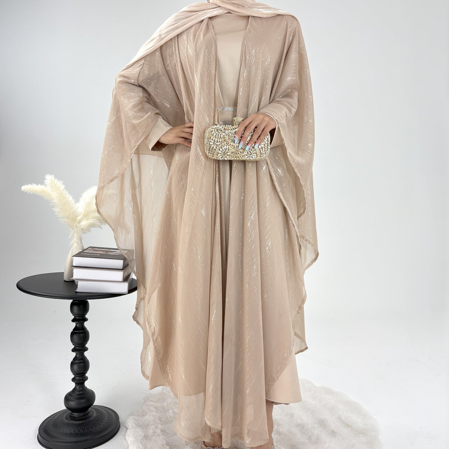 #CL51 Luxe Gold-Thread Abaya Set ✦ Shimmer Cardigan & Loose Abaya Duo for Day-to-Night Modesty