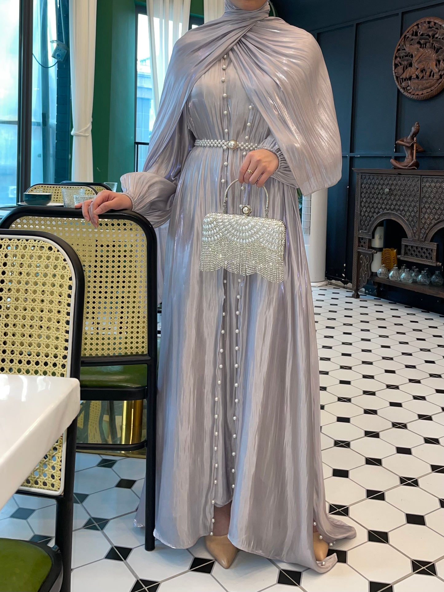 #CL03 Luxury 5-Piece Silk Abaya Set | Pearl-Embellished Belt & Kaftan Dress for Weddings & Evening Galas