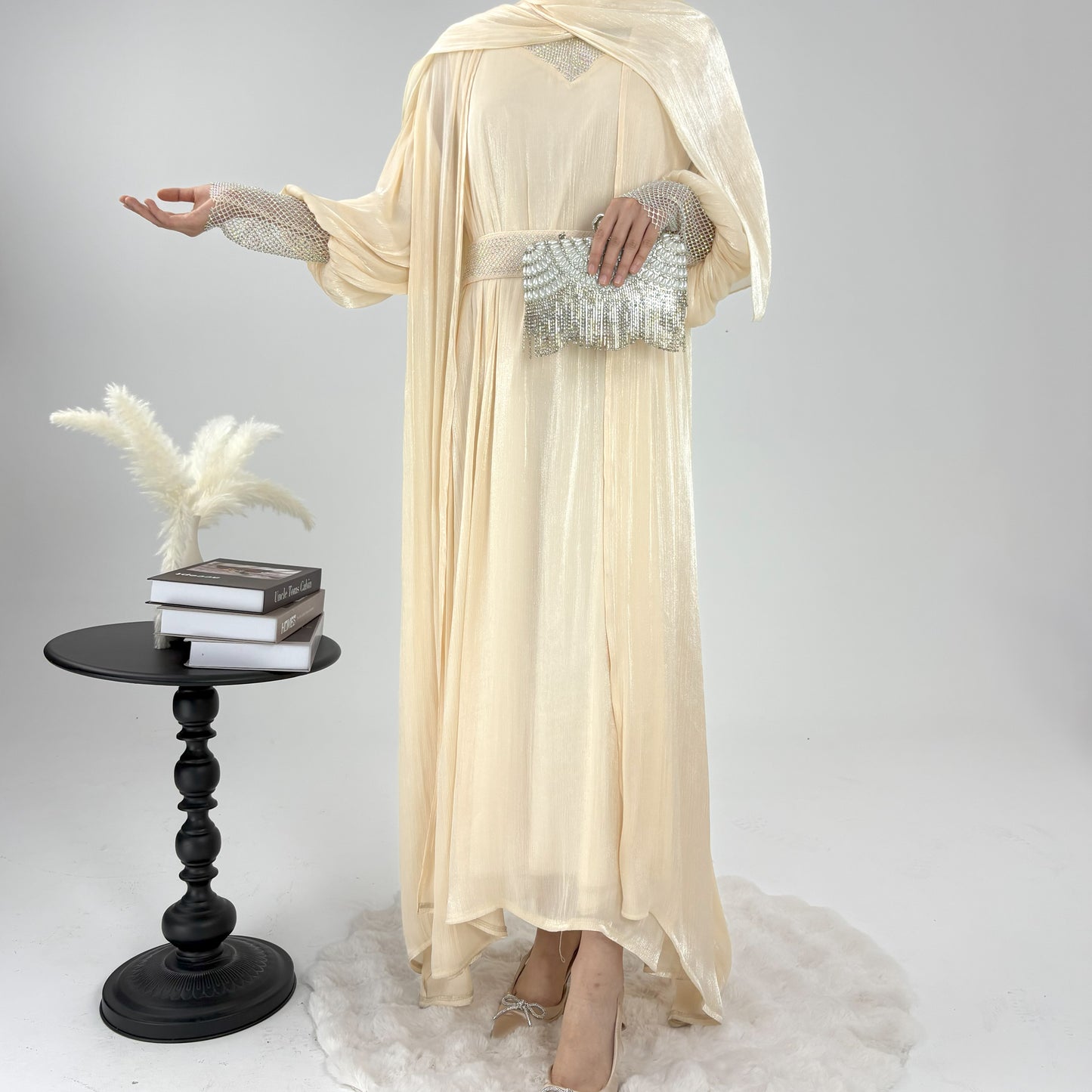 #CL04 Luxury 4-Piece Abaya Set | Shiny Mesh Chiffon Kaftan Dress with Scarf ✦ Modest Islamic Fashion