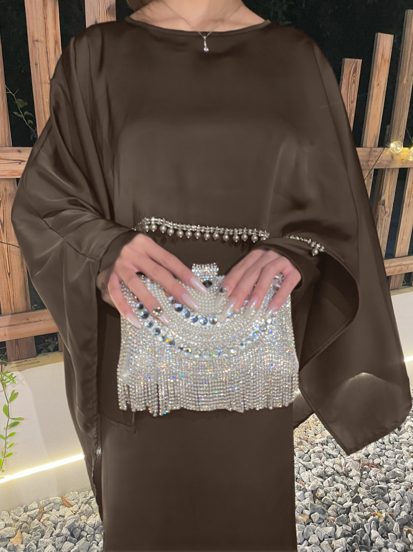 #CL43 Pearl & Crystal Butterfly Abaya ✦ Satin Cape Dress for Weddings & Evening Galas