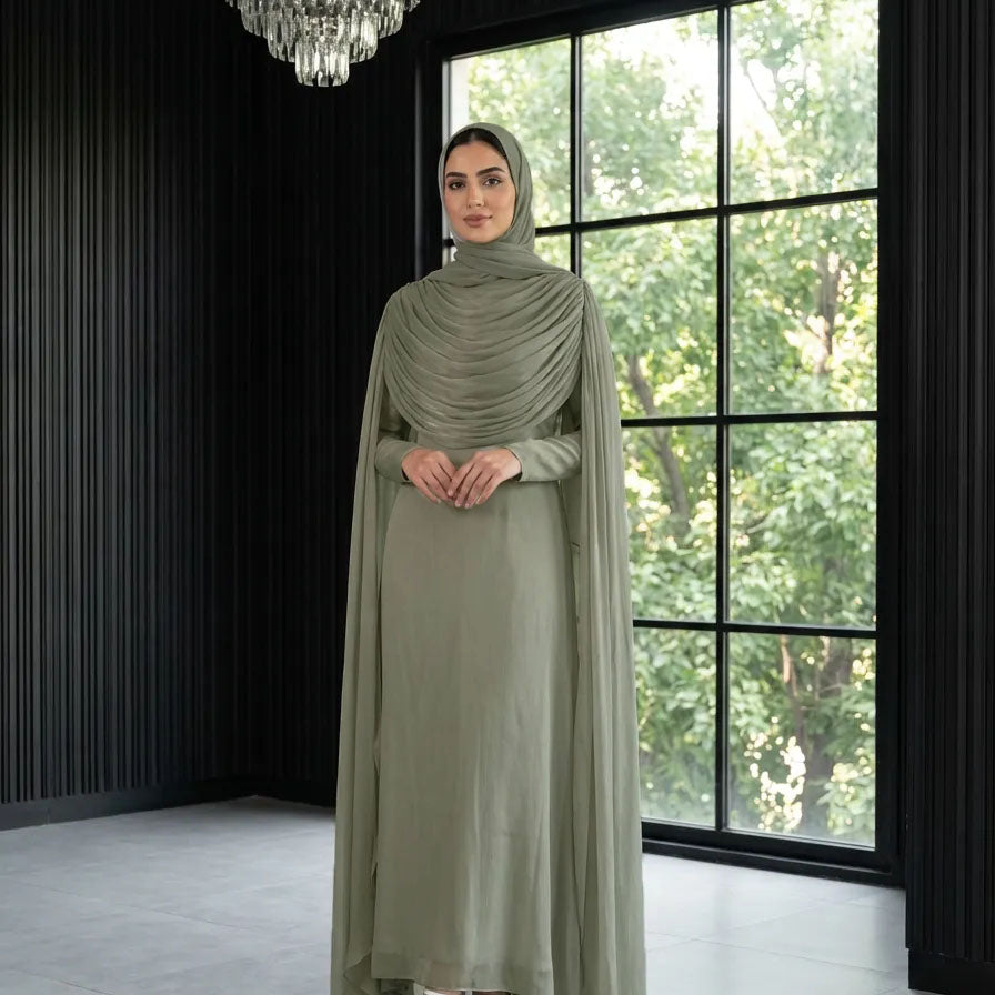 #CL74-Olive Grace Draped Abaya Set | Elegantes Chiffon Modest-Kleid mit Hijab
