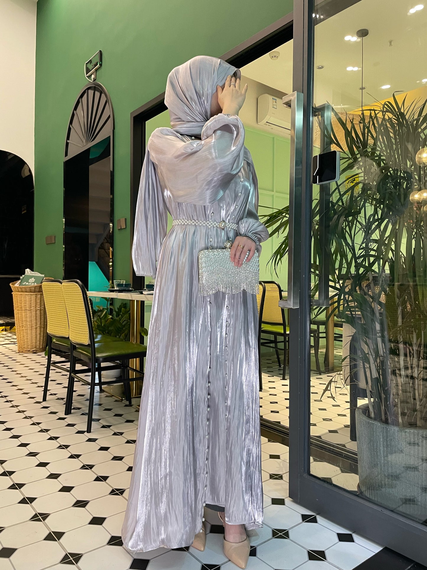 #CL03 Luxury 5-Piece Silk Abaya Set | Pearl-Embellished Belt & Kaftan Dress for Weddings & Evening Galas