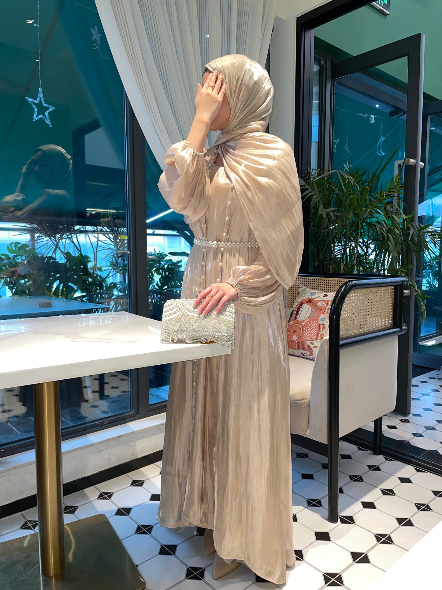 #CL03 Luxury 5-Piece Silk Abaya Set | Pearl-Embellished Belt & Kaftan Dress for Weddings & Evening Galas