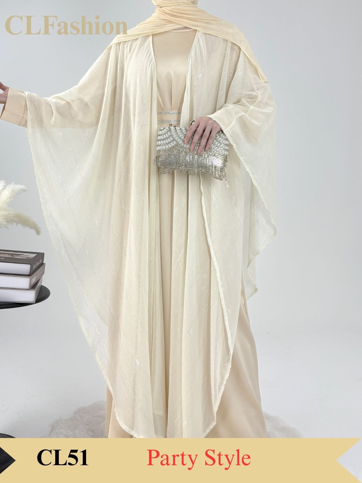#CL51 Luxe Gold-Thread Abaya Set ✦ Shimmer Cardigan & Loose Abaya Duo for Day-to-Night Modesty