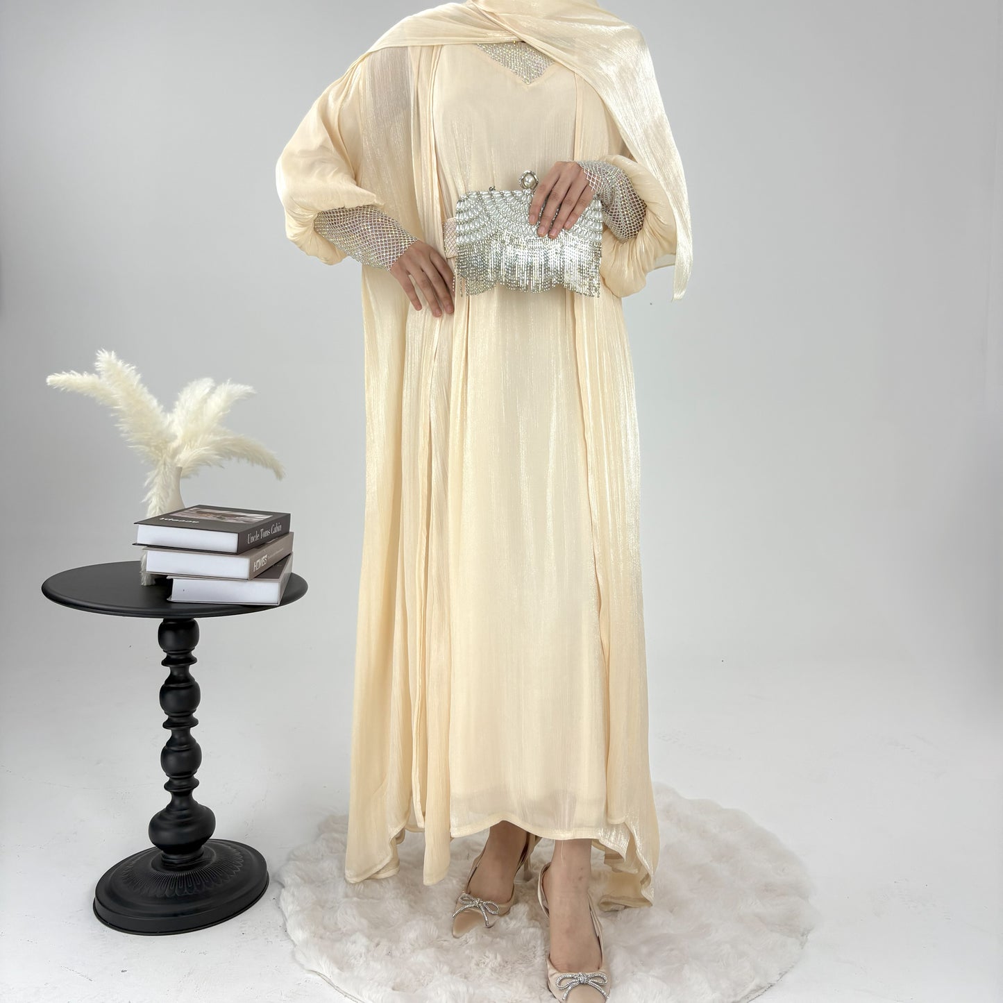 #CL04 Luxury 4-Piece Abaya Set | Shiny Mesh Chiffon Kaftan Dress with Scarf ✦ Modest Islamic Fashion