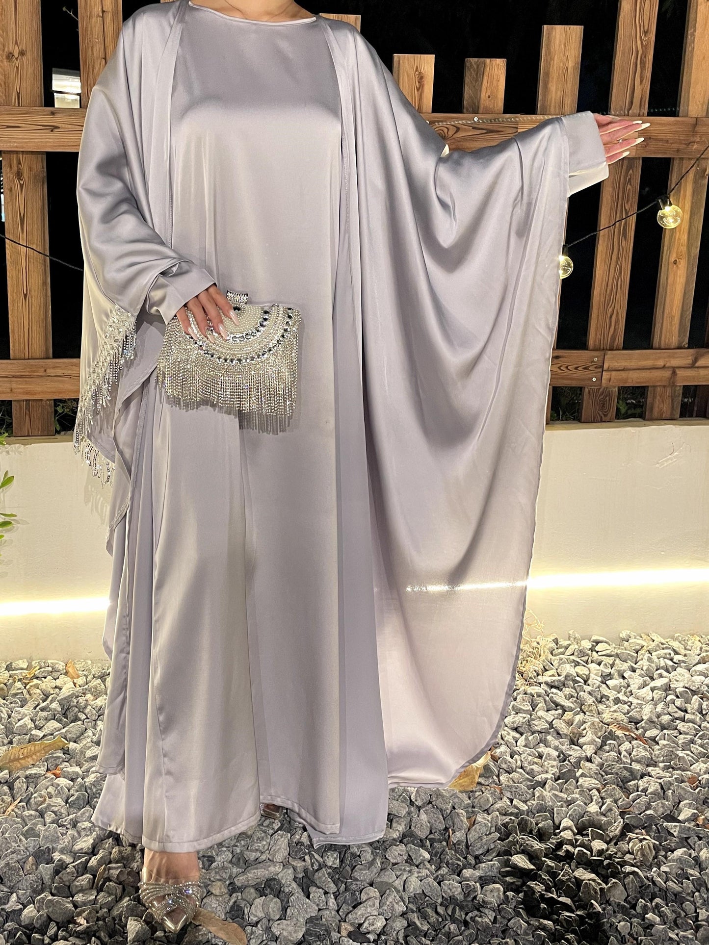 #CL42 Butterfly Satin Taasel Set ✦ Convertible Abaya & Dress Duo for Day-to-Night Modesty