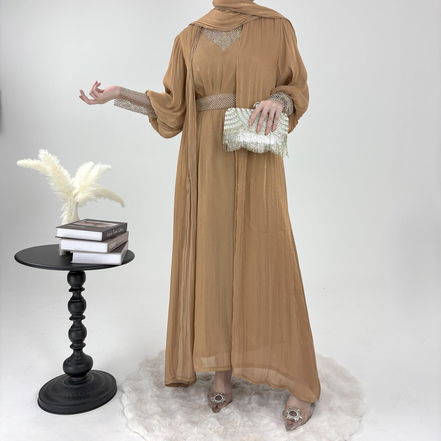 #CL04 Luxury 4-Piece Abaya Set | Shiny Mesh Chiffon Kaftan Dress with Scarf ✦ Modest Islamic Fashion