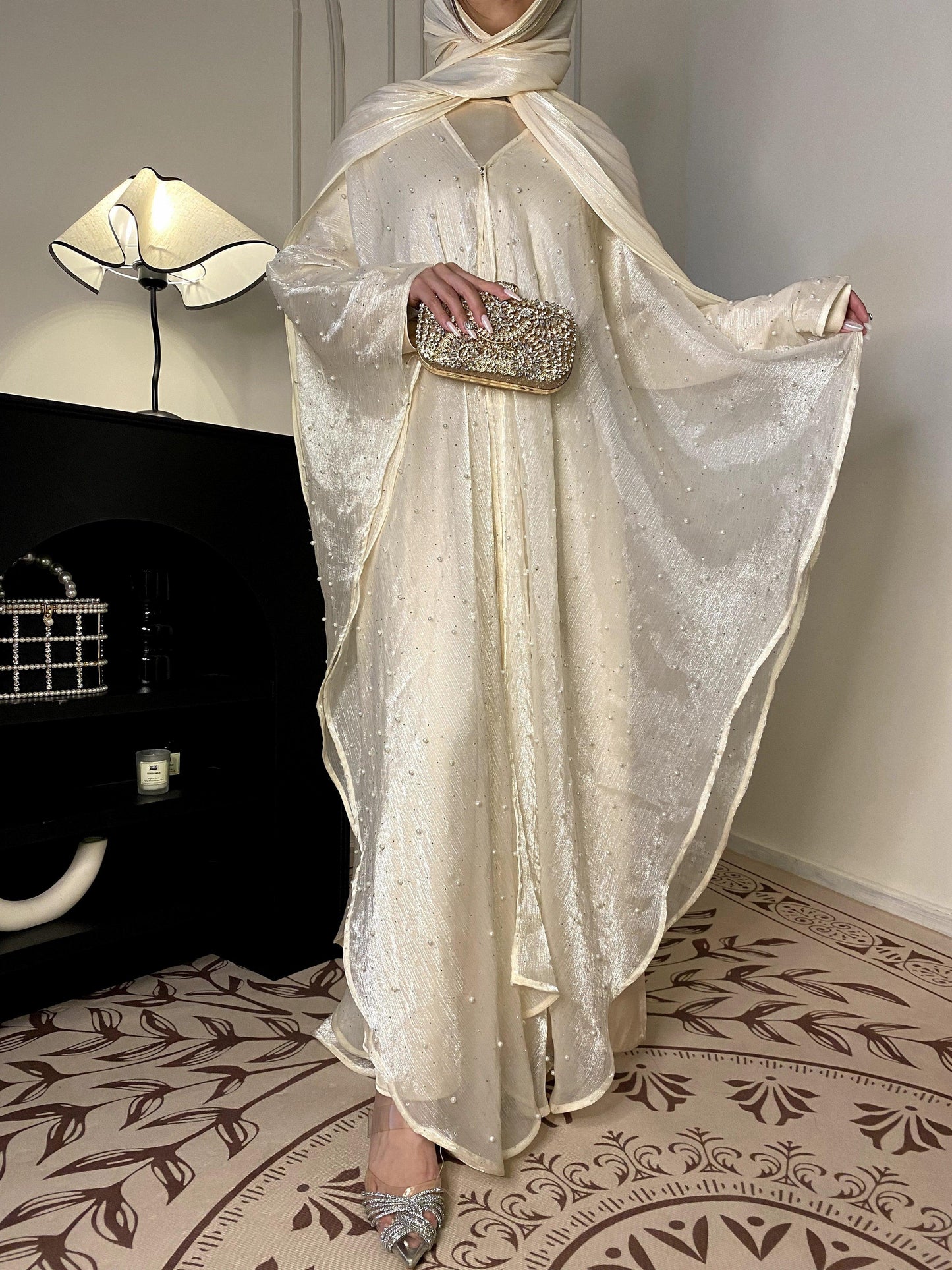 #CL01 Star Light Abaya, Shiny robe two-piece set, abaya cardigan and base layer dress