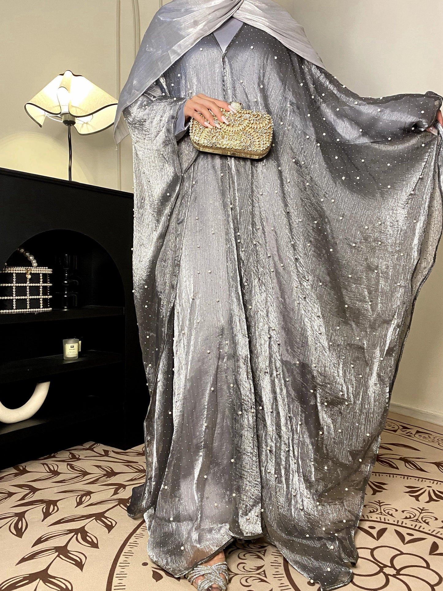#CL01 Star Light Abaya, Shiny robe two-piece set, abaya cardigan and base layer dress