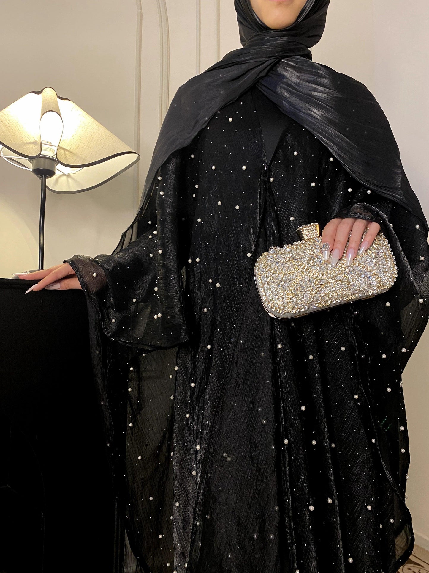 #CL01 Star Light Abaya, Shiny robe two-piece set, abaya cardigan and base layer dress