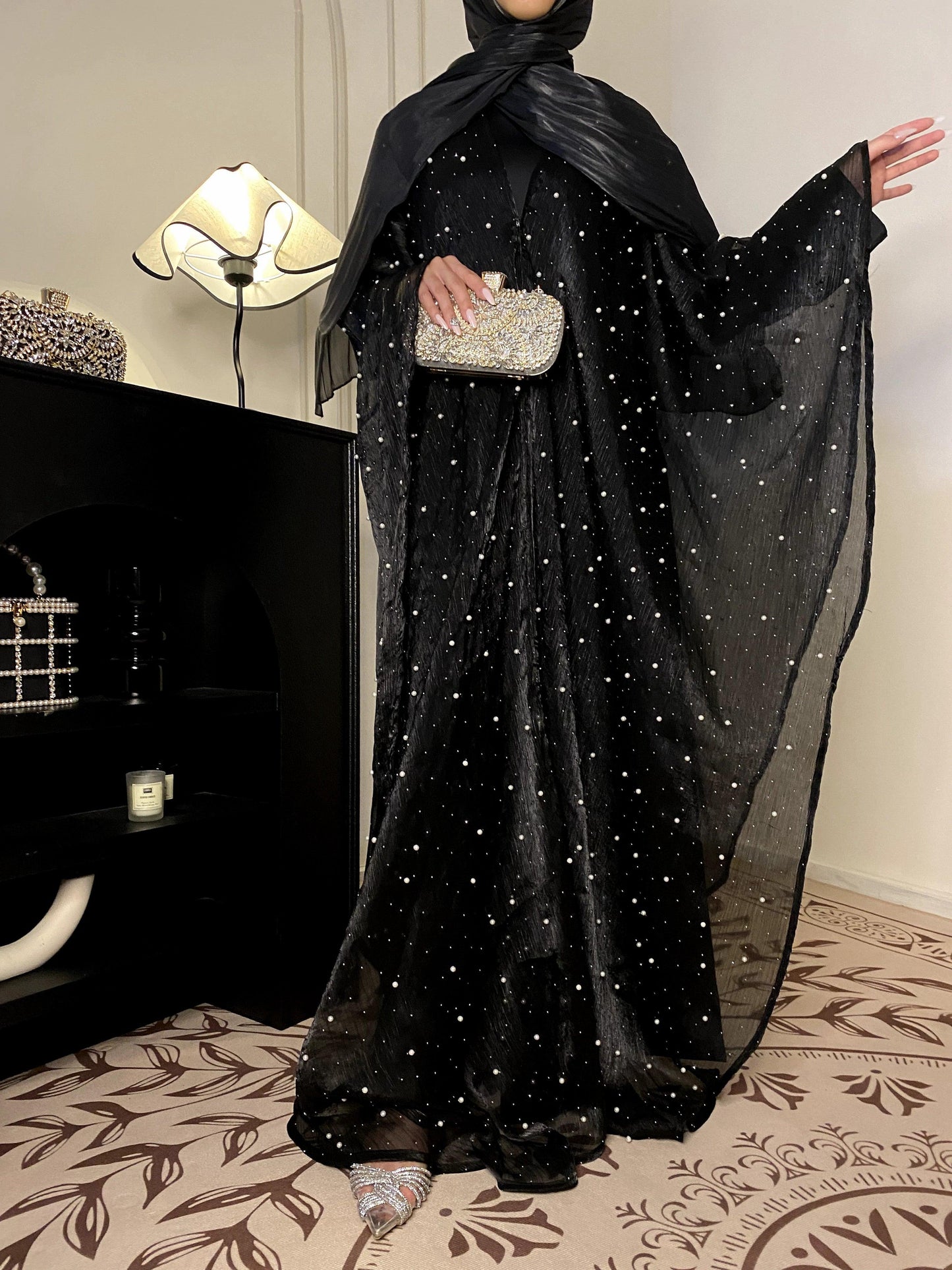 #CL01 Star Light Abaya, Shiny robe two-piece set, abaya cardigan and base layer dress