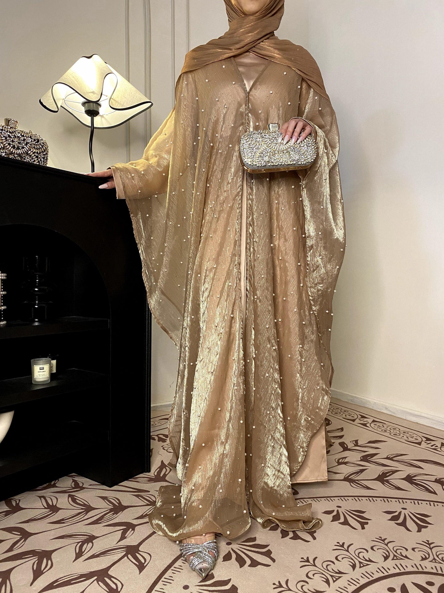 #CL01 Star Light Abaya, Shiny robe two-piece set, abaya cardigan and base layer dress