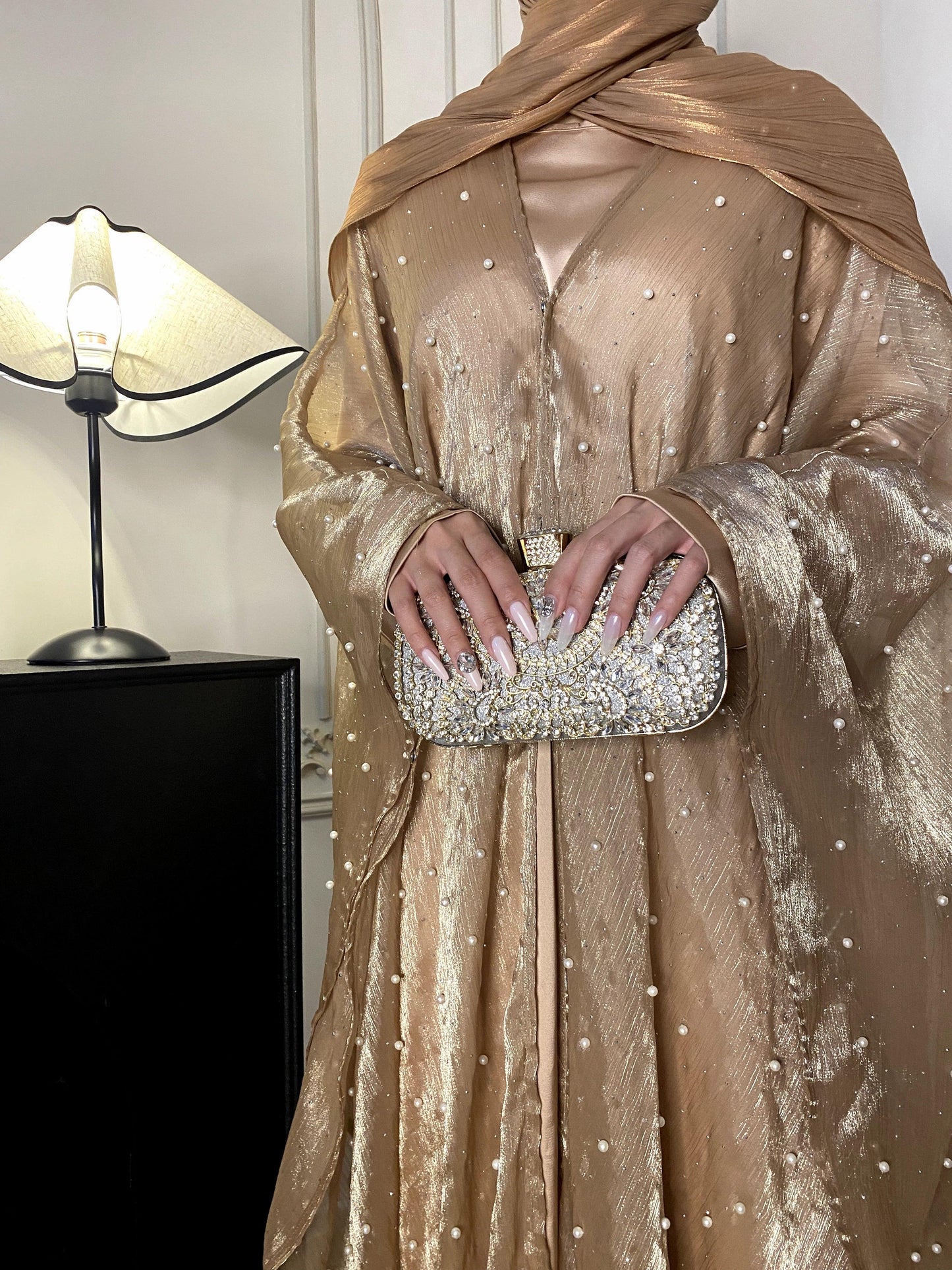 #CL01 Star Light Abaya, Shiny robe two-piece set, abaya cardigan and base layer dress