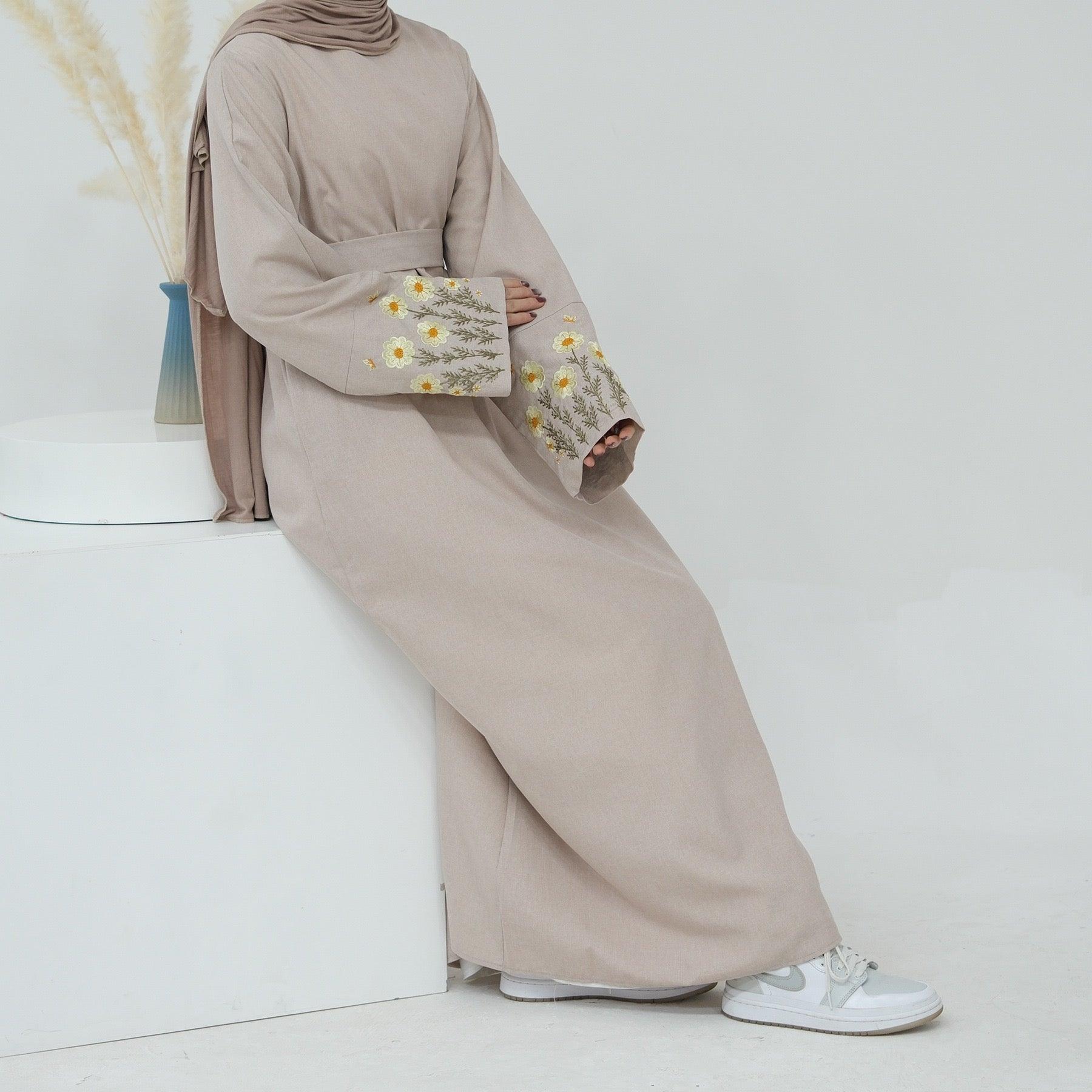 WG01 Embroidery linen abaya , Maxi dress , muslim embroidery dress