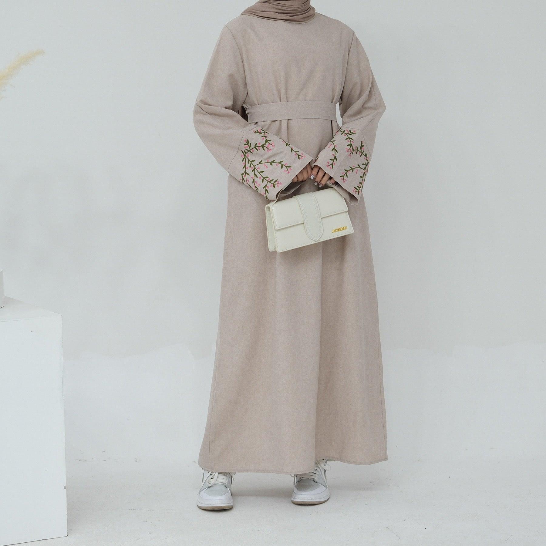 WG01 Embroidery linen abaya , Maxi dress , muslim embroidery dress