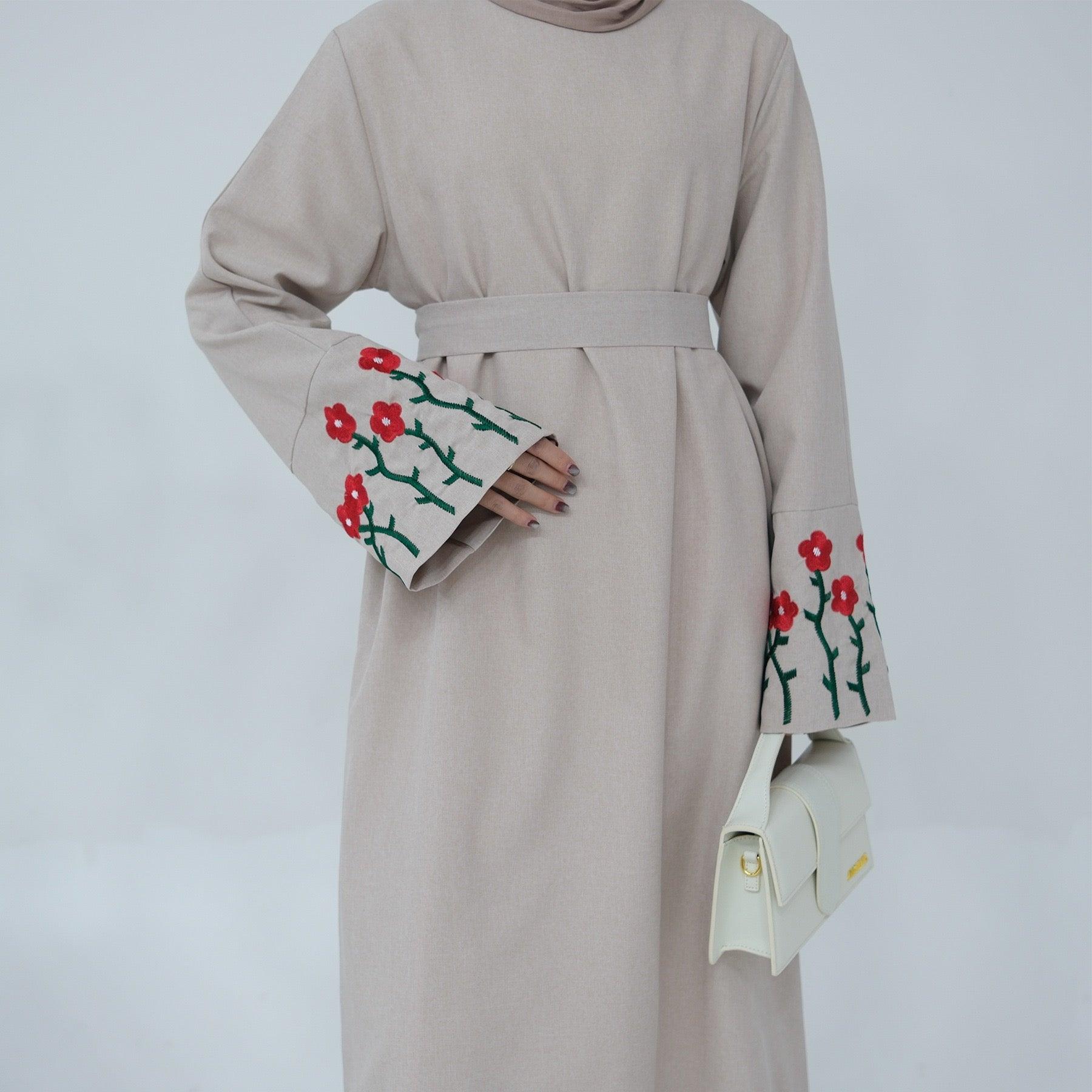 WG01 Embroidery linen abaya , Maxi dress , muslim embroidery dress