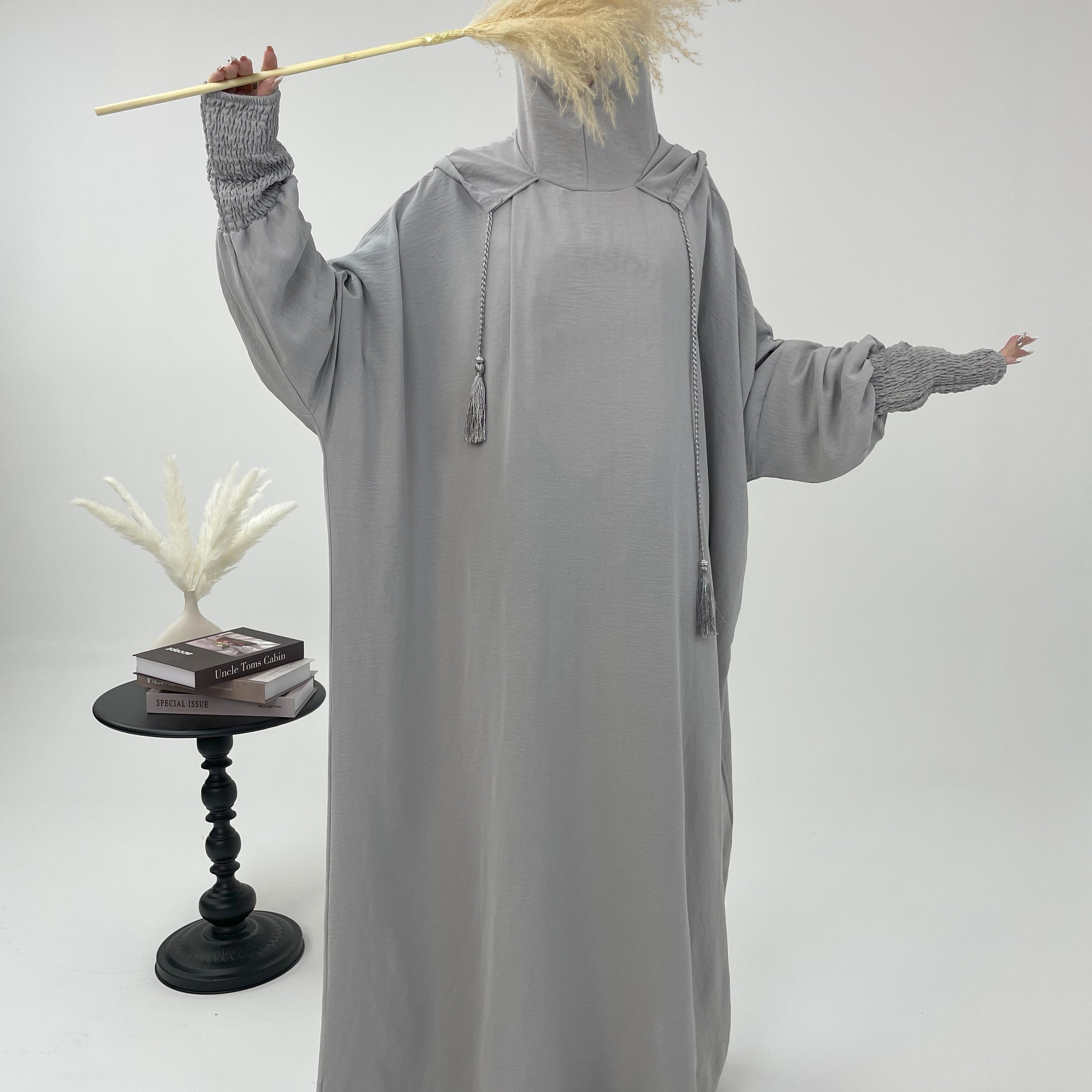 #CL52 Schlichtes Kapuzen-Abaya-Kleid | Legeres Maxi mit Kordelzug und gesmokten Bündchen ✦ CLFashionNew