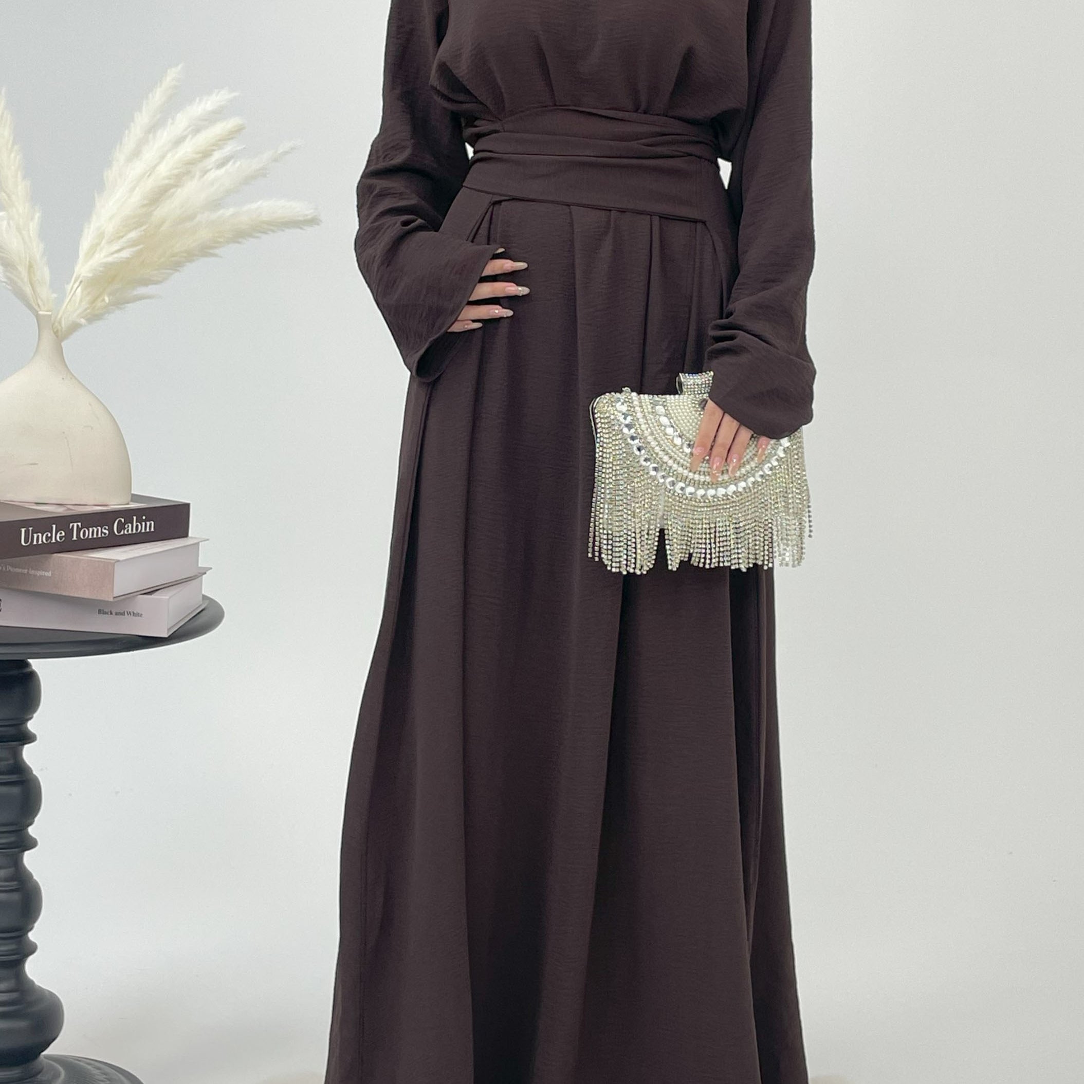 #CL53 Abaya-Kleid mit Knotendetail und schlichter Front ✦ Einfarbig, Alltagskleidung in 4 Größen & Farben