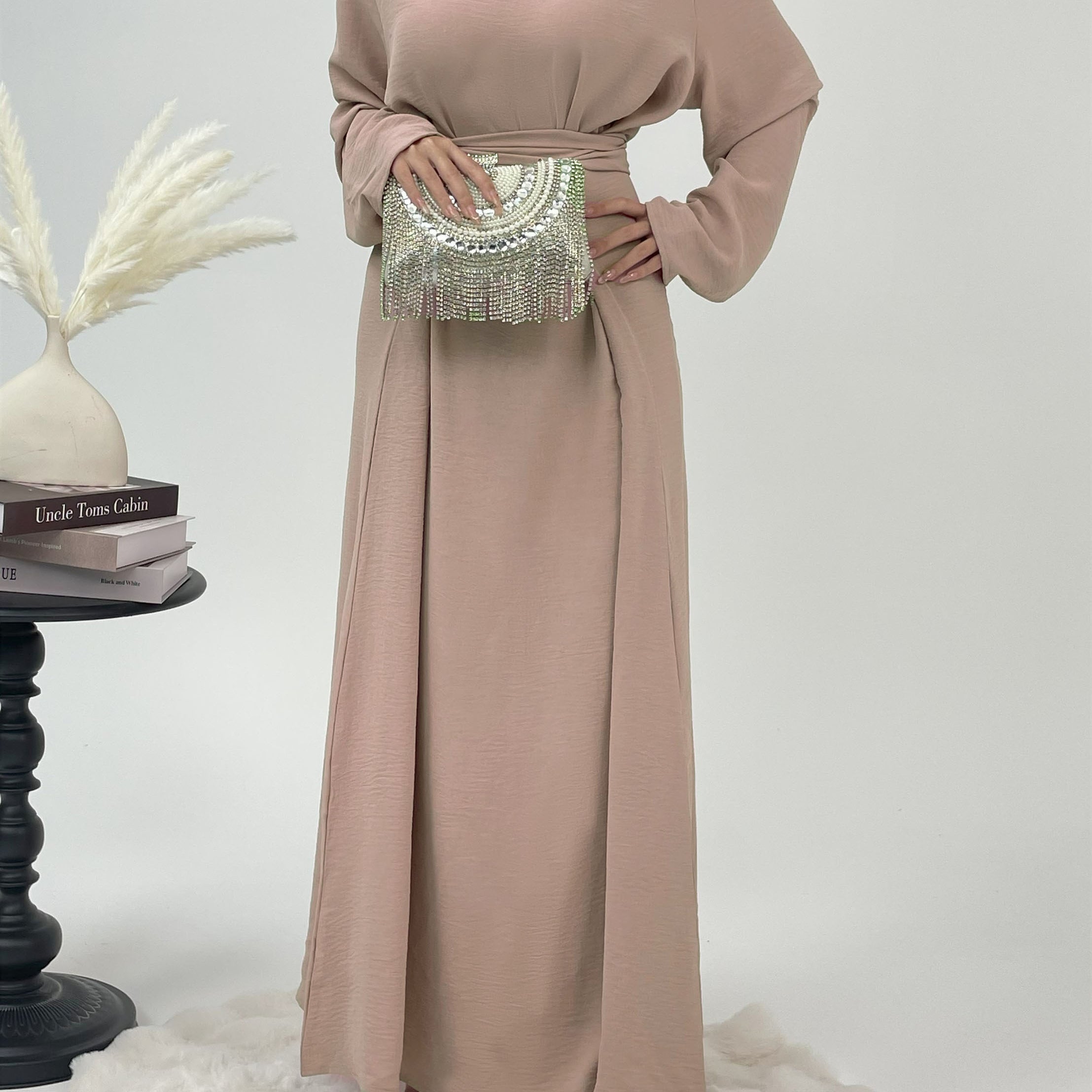 #CL53 Abaya-Kleid mit Knotendetail und schlichter Front ✦ Einfarbig, Alltagskleidung in 4 Größen & Farben