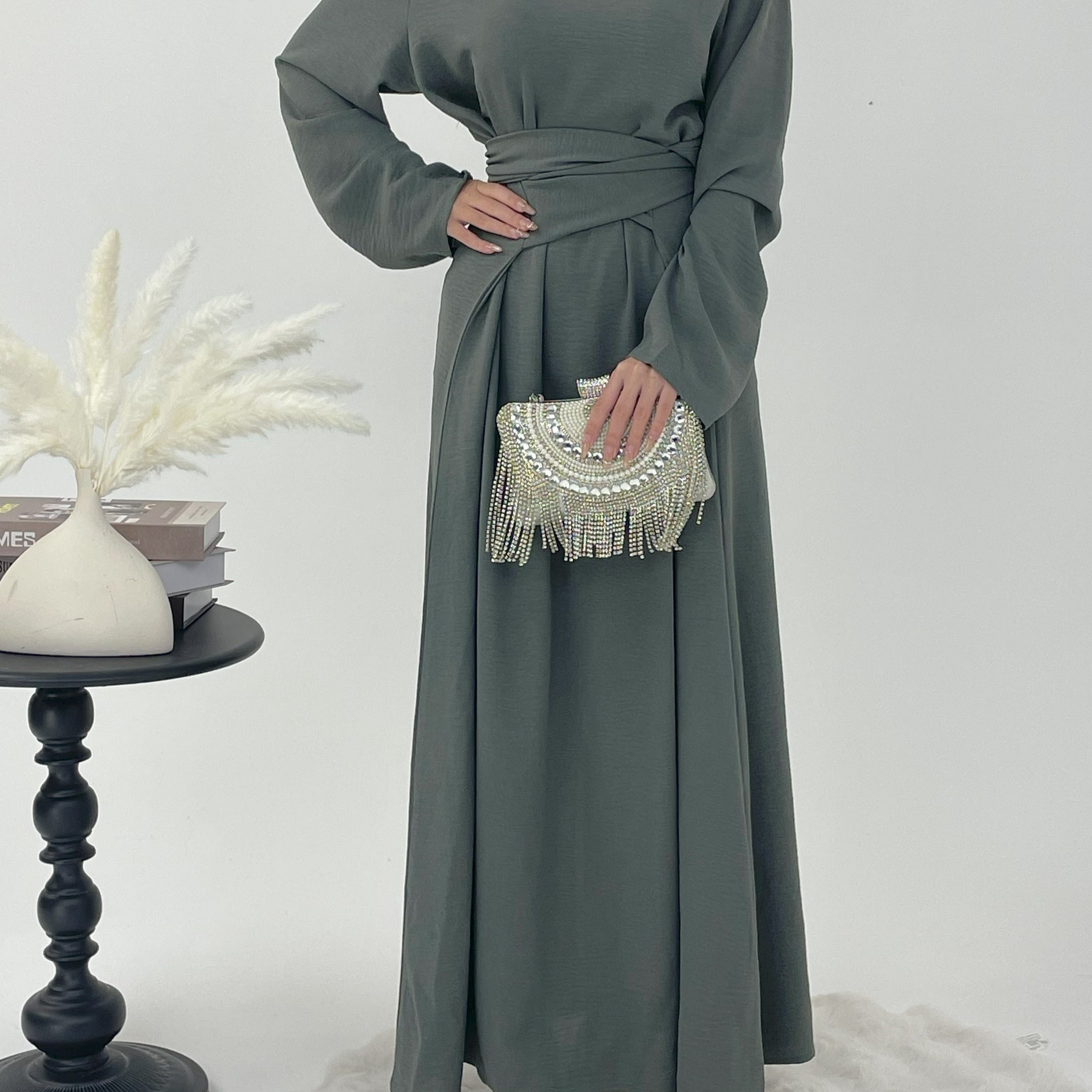 #CL53 Abaya-Kleid mit Knotendetail und schlichter Front ✦ Einfarbig, Alltagskleidung in 4 Größen & Farben