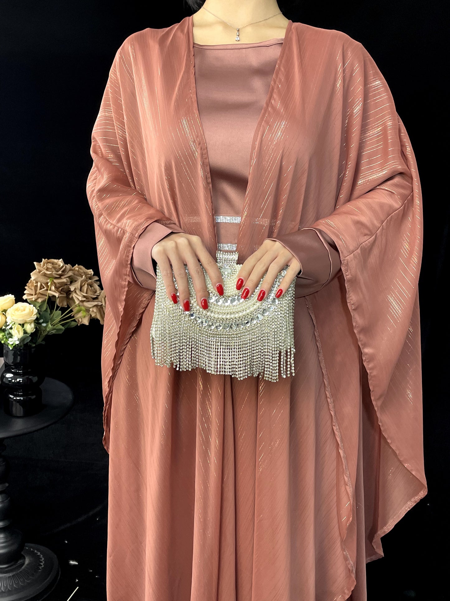 #CL51 Luxe Gold-Thread Abaya Set ✦ Shimmer Cardigan & Loose Abaya Duo for Day-to-Night Modesty