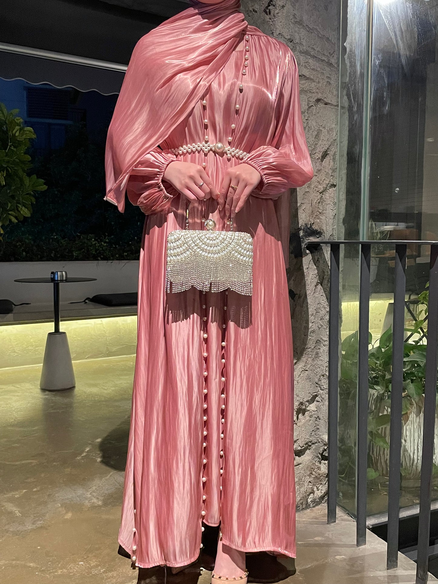#CL03 Luxury 5-Piece Silk Abaya Set | Pearl-Embellished Belt & Kaftan Dress for Weddings & Evening Galas