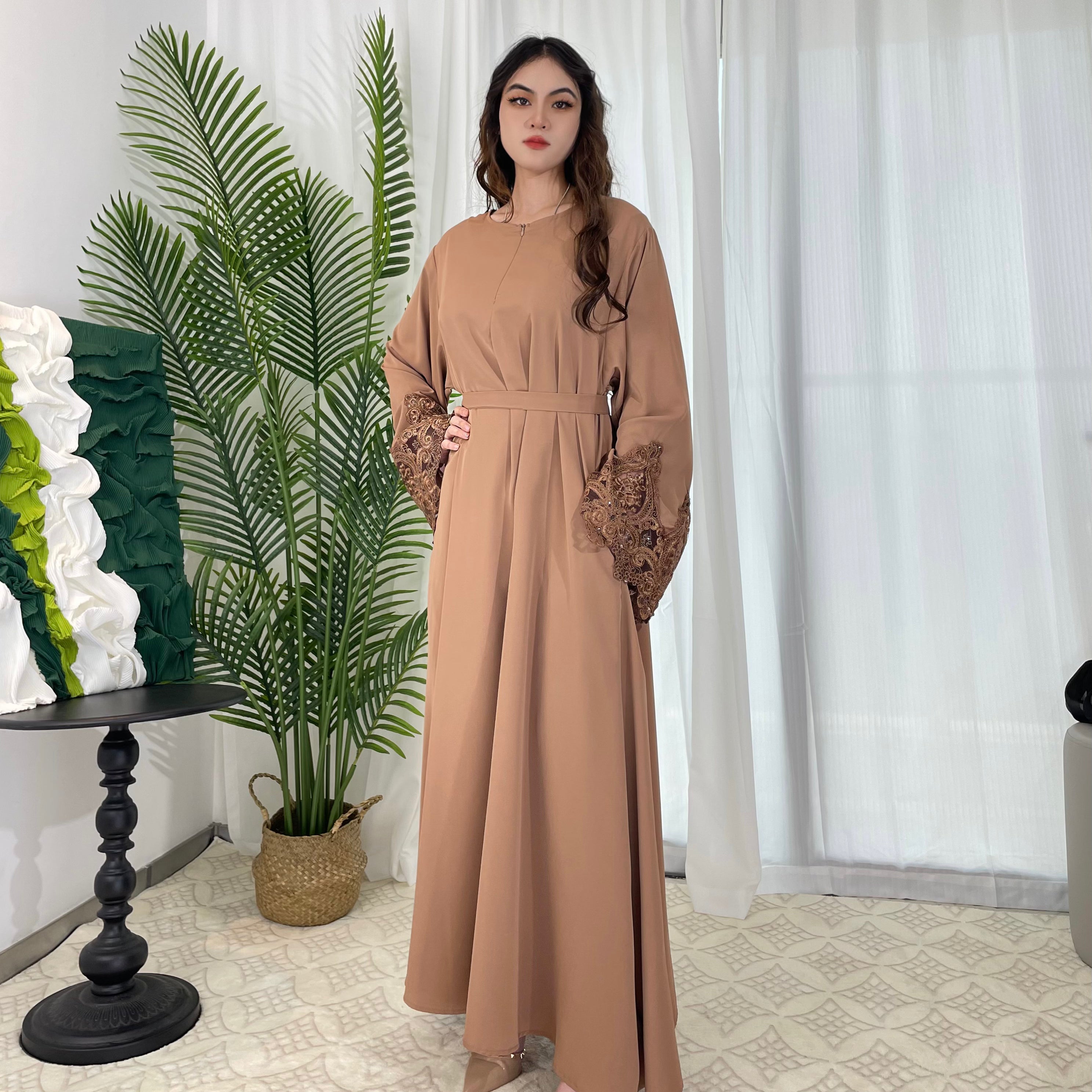 #CL13 Luxury Lace-Trimmed Abaya Dress | Solid Color Long Muslim Robe for Women ✦ 4 Colors 5 Sizes