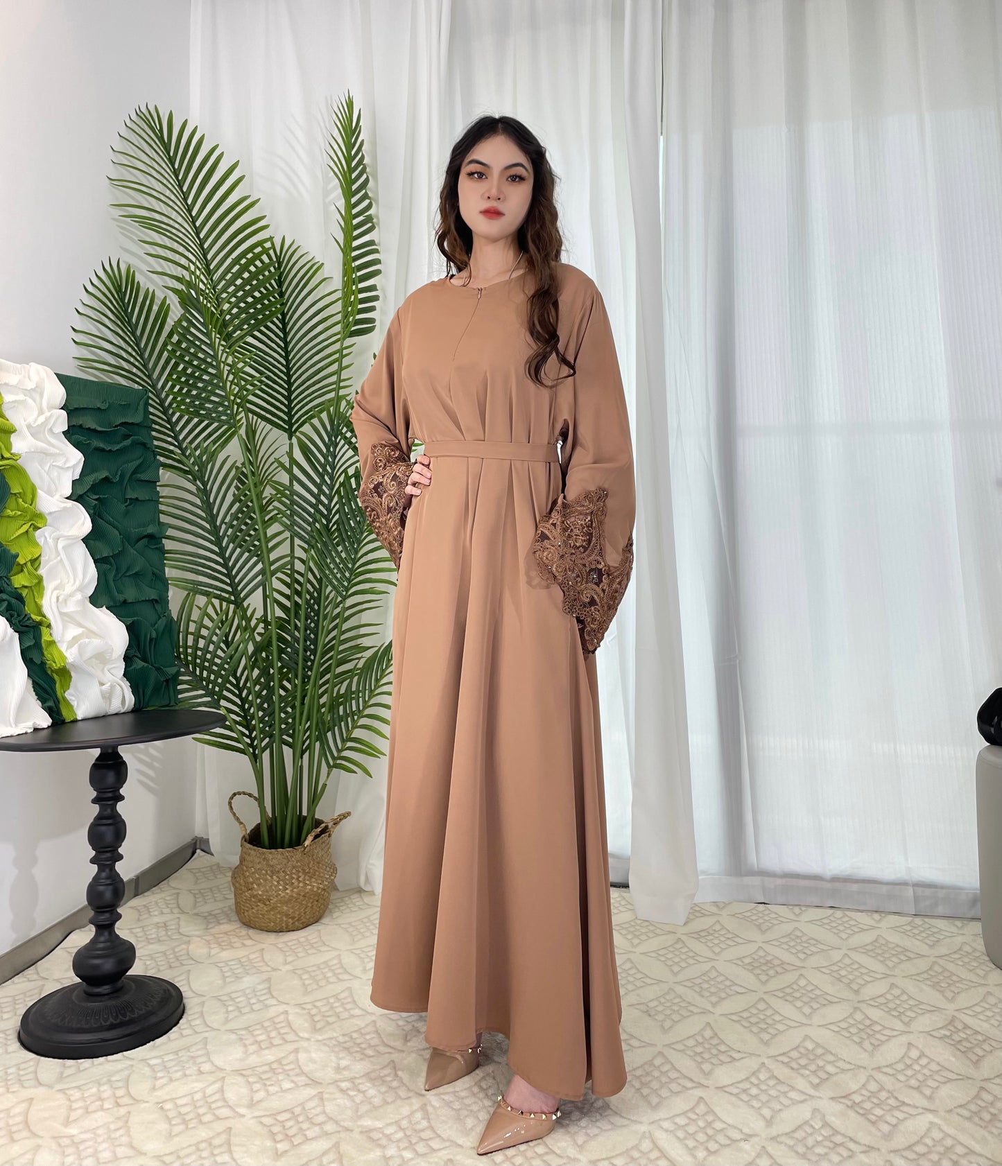 #CL13 Luxury Lace-Trimmed Abaya Dress | Solid Color Long Muslim Robe for Women ✦ 4 Colors 5 Sizes