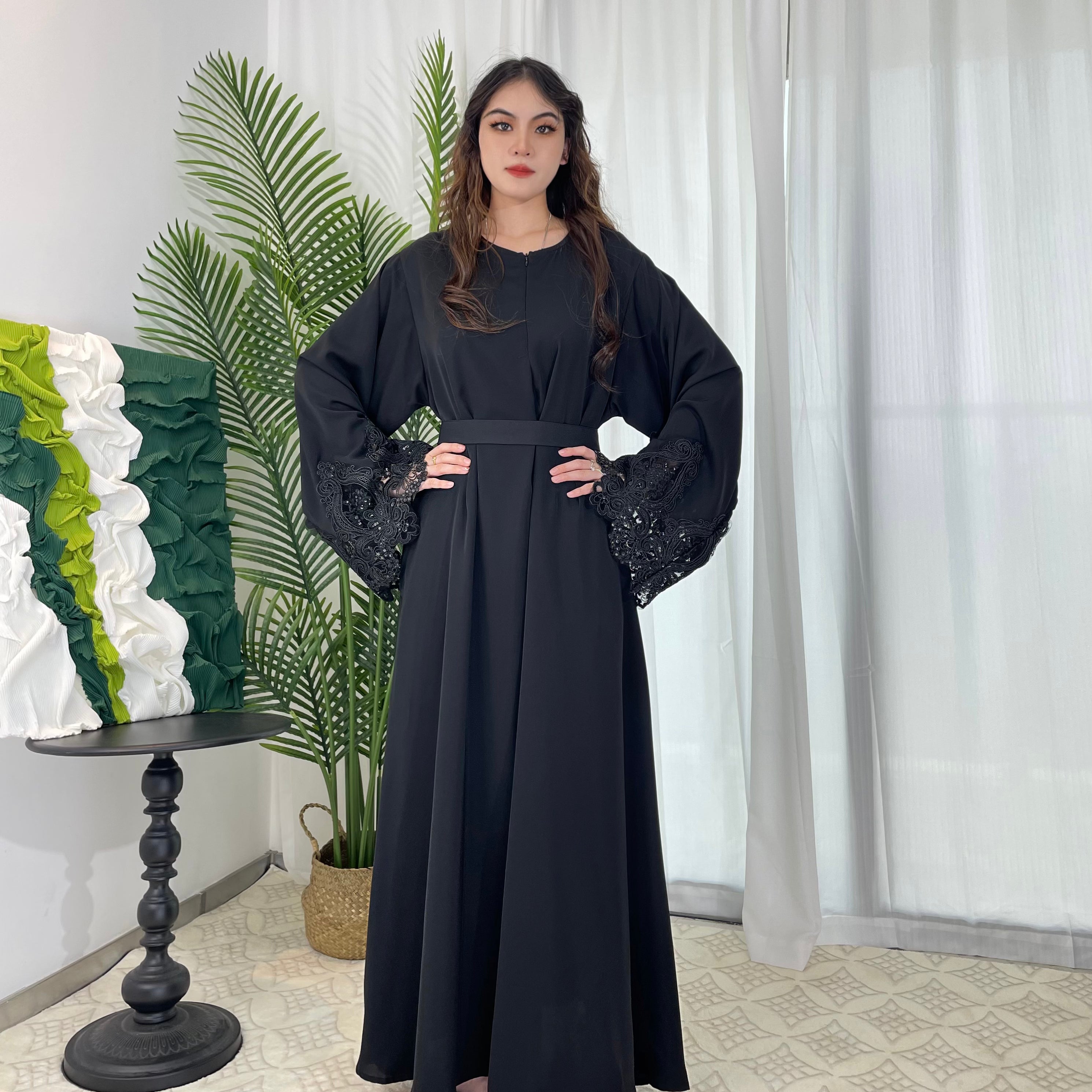#CL13 Luxury Lace-Trimmed Abaya Dress | Solid Color Long Muslim Robe for Women ✦ 4 Colors 5 Sizes