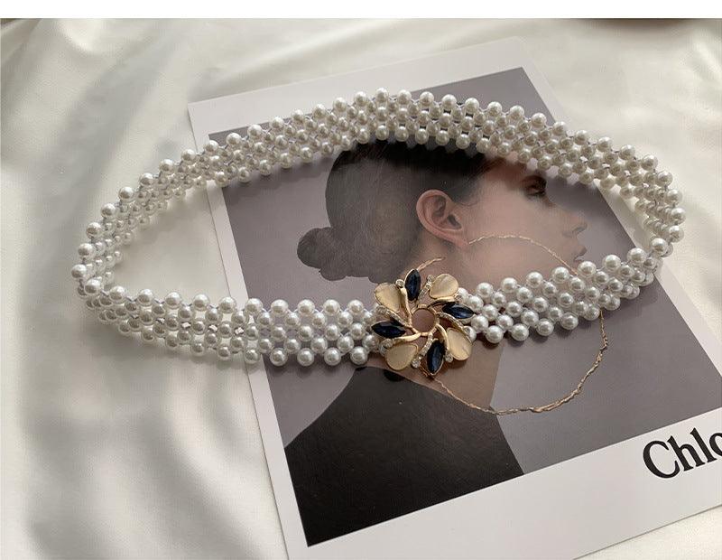 WG06 Pearl and diamond elastic belt with embellished buttons