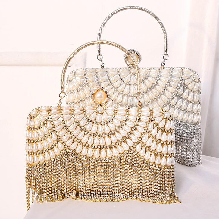 #CL33 Luxe Pearl Accent Clutch ✦ Metallic Evening Bag with Cascading Beadwork (Silver/Gold)