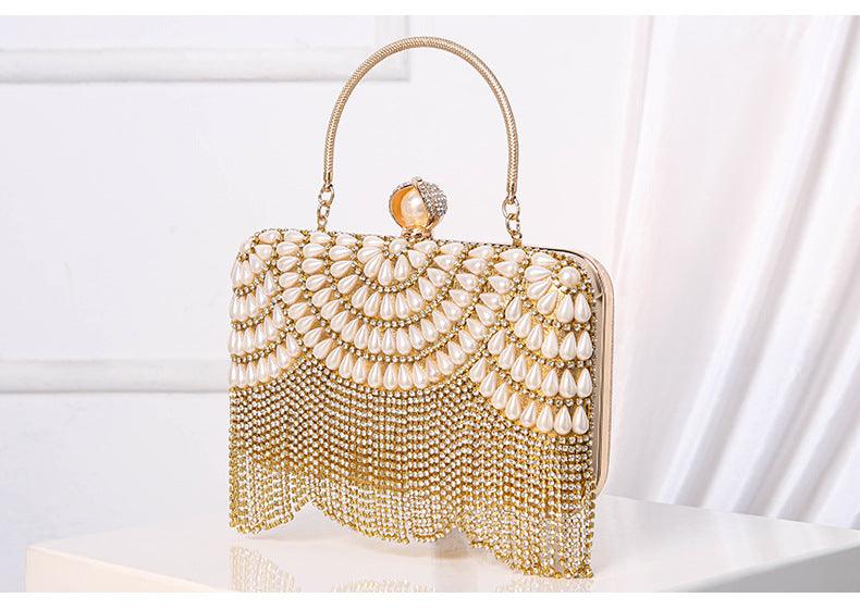 #CL33 Luxe Pearl Accent Clutch ✦ Metallic Evening Bag with Cascading Beadwork (Silver/Gold)
