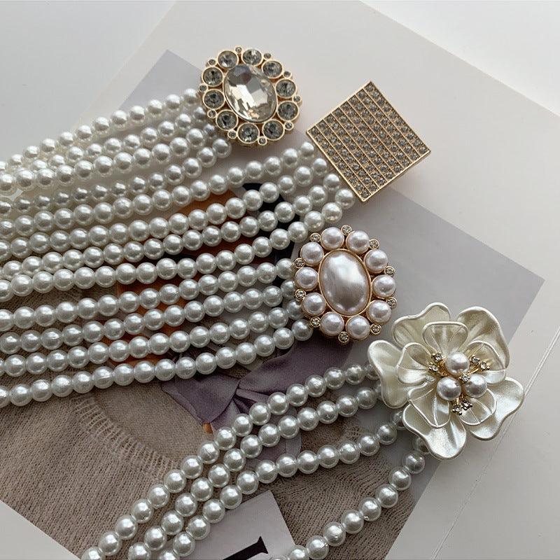 WG06 Pearl and diamond elastic belt with embellished buttons