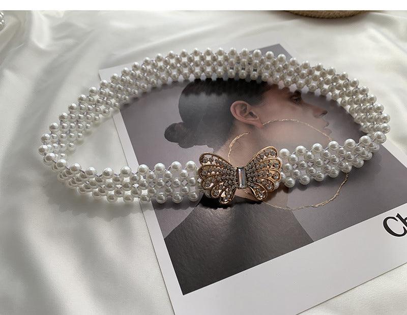 WG06 Pearl and diamond elastic belt with embellished buttons